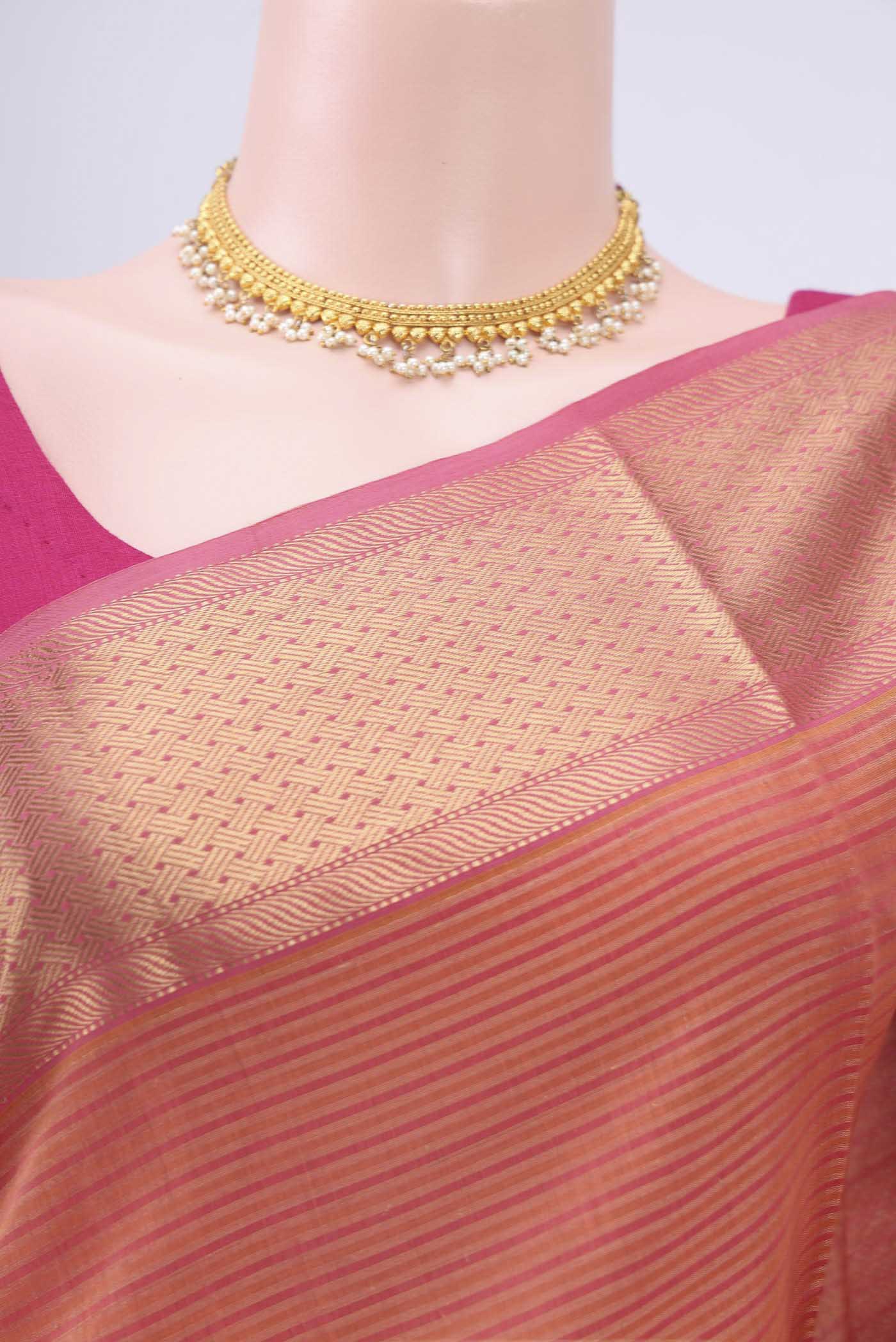 Pinkish Yellow Maheshwari Silk Cotton Saree - Image 2