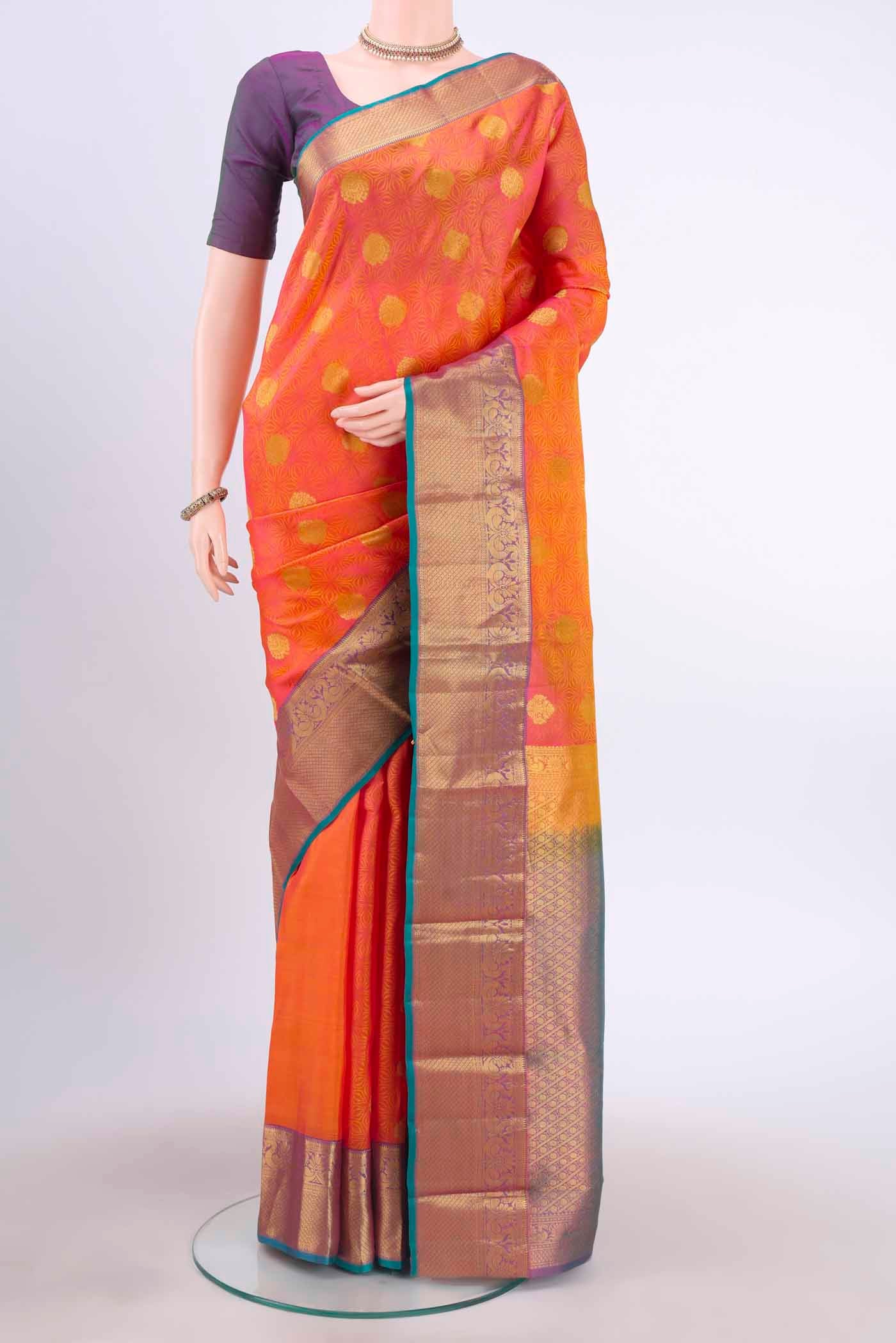Pinkish Yellow Kanchipuram Silk Saree