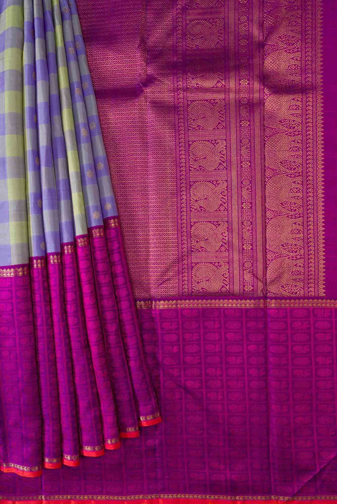 Pure Silk Pure Zari Pista Green and Lavender Dual Tone Kanchipuram Saree - Image 2