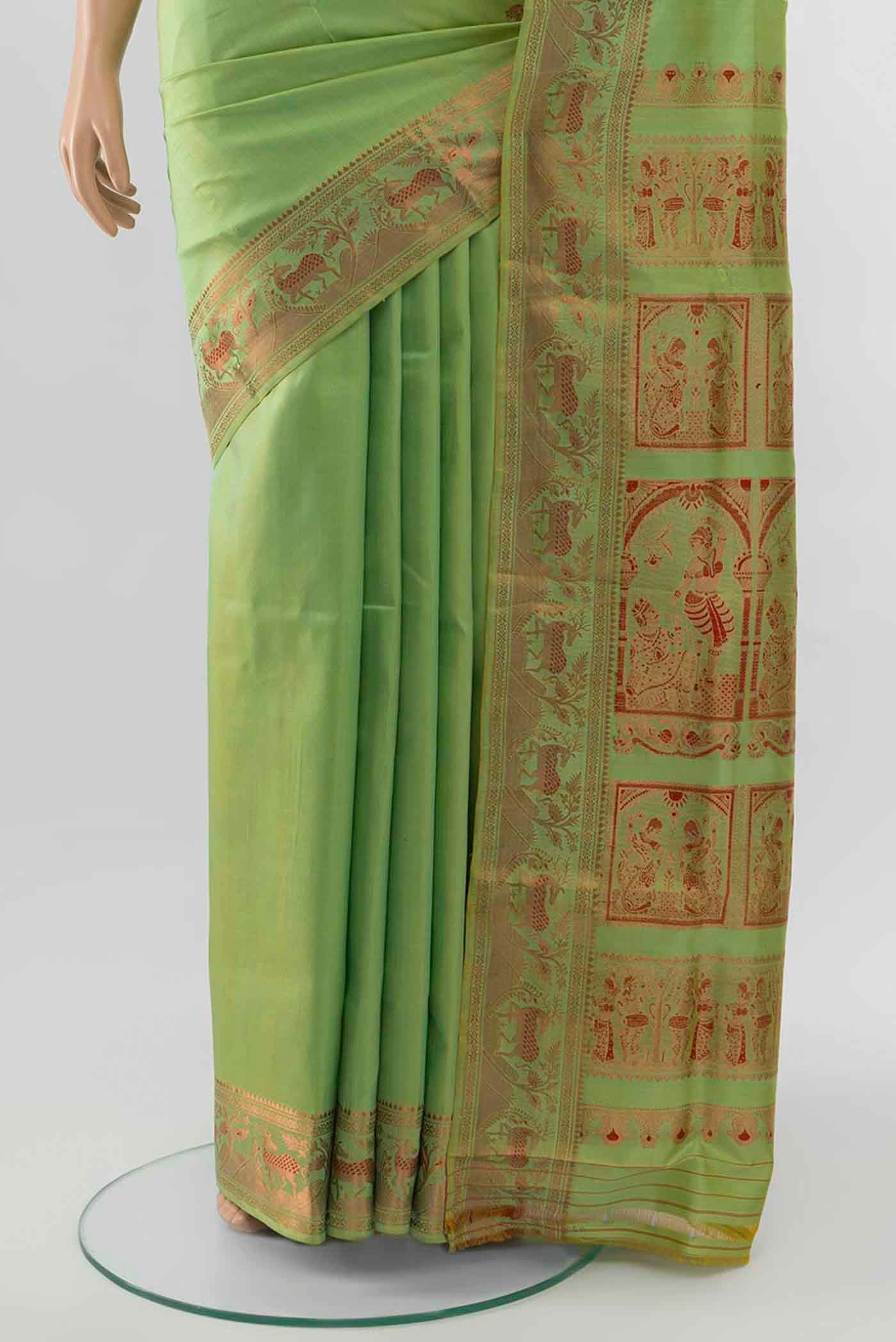 Pista Green Baluchari Silk Saree - Image 3