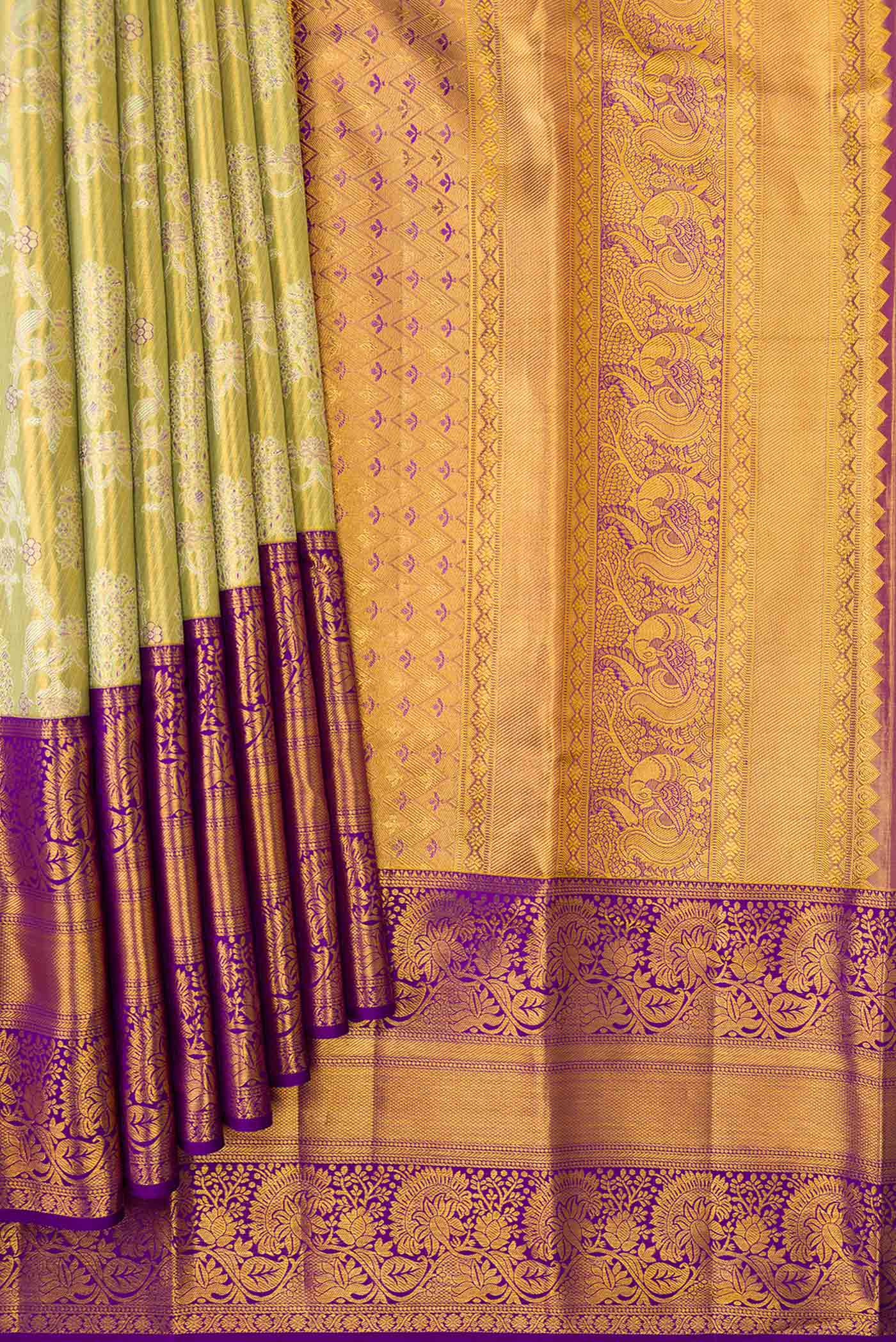 Gold with Lemon Yellow Color Kanchipuram Tissue Silk Saree - Image 4
