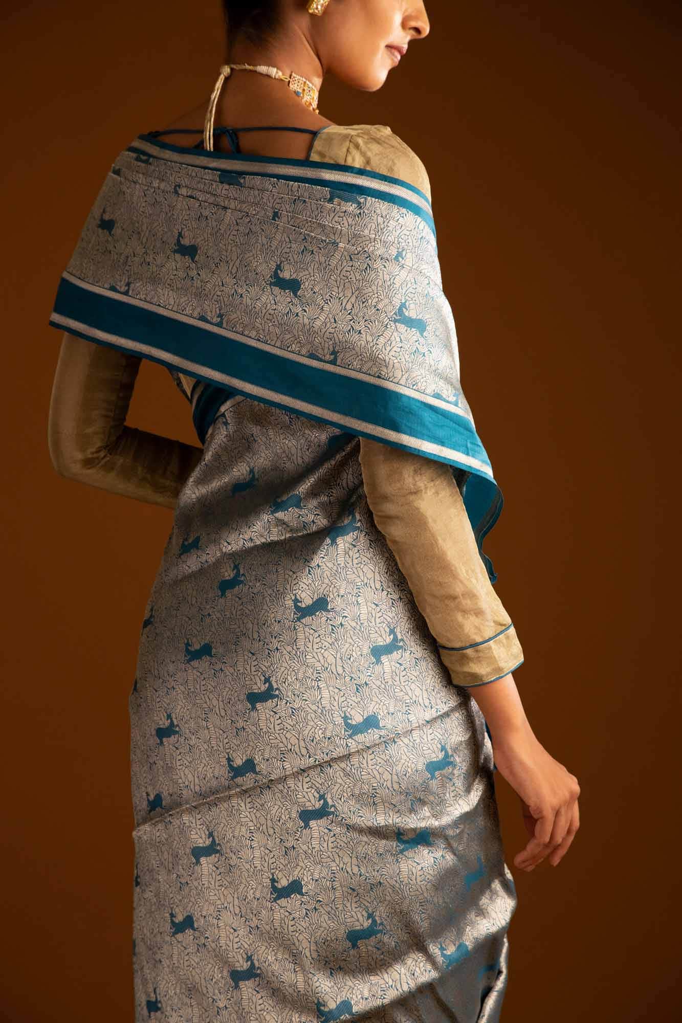 Prance-Teal Green Banarasi Silk Saree - Image 2