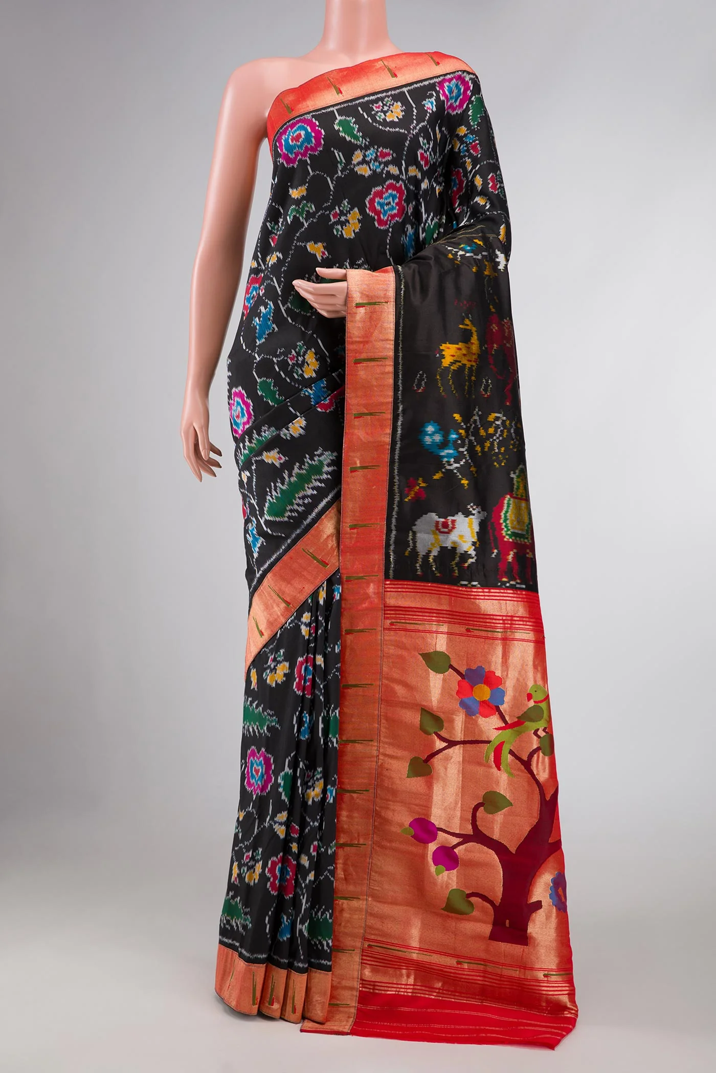Pure Silk Pure Zari Black Dual Tone Double Ikat Saree