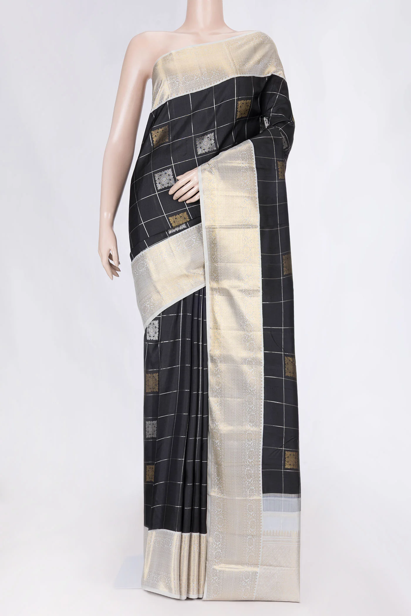 Pure Silk Pure Zari Black Dual Tone Kanchipuram Saree