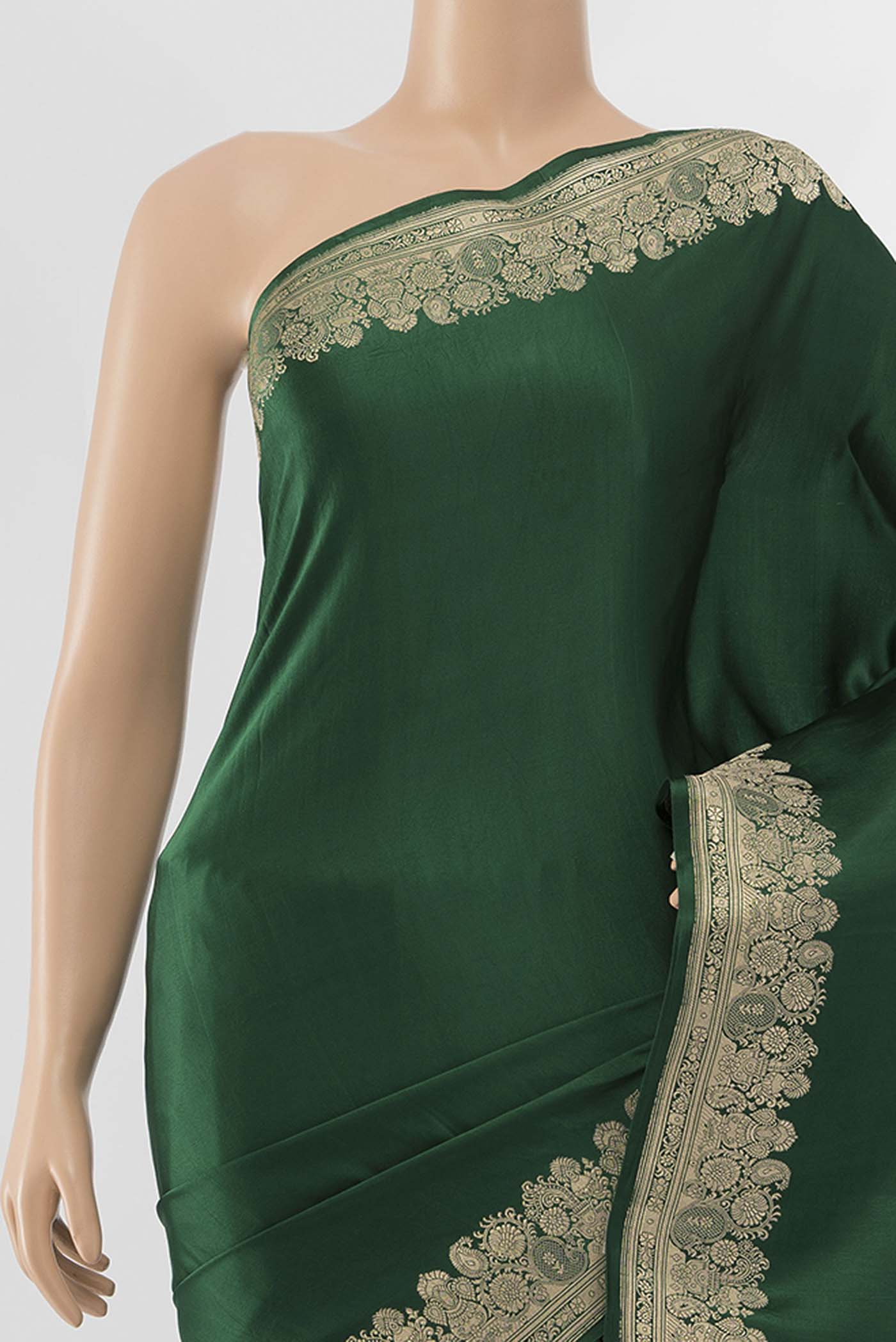 Pure Silk Pure Zari Bottle Green Banarasi Saree - Image 2