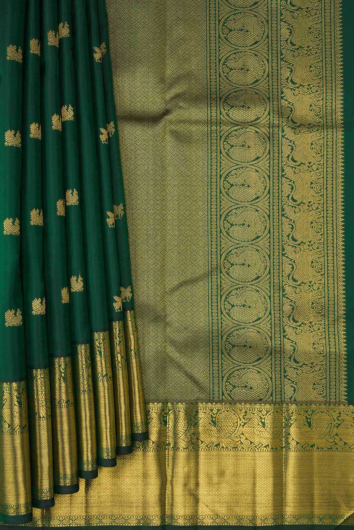 Pure Silk Pure Zari Bottle Green Dual Tone Kanjivaram Saree - Image 4