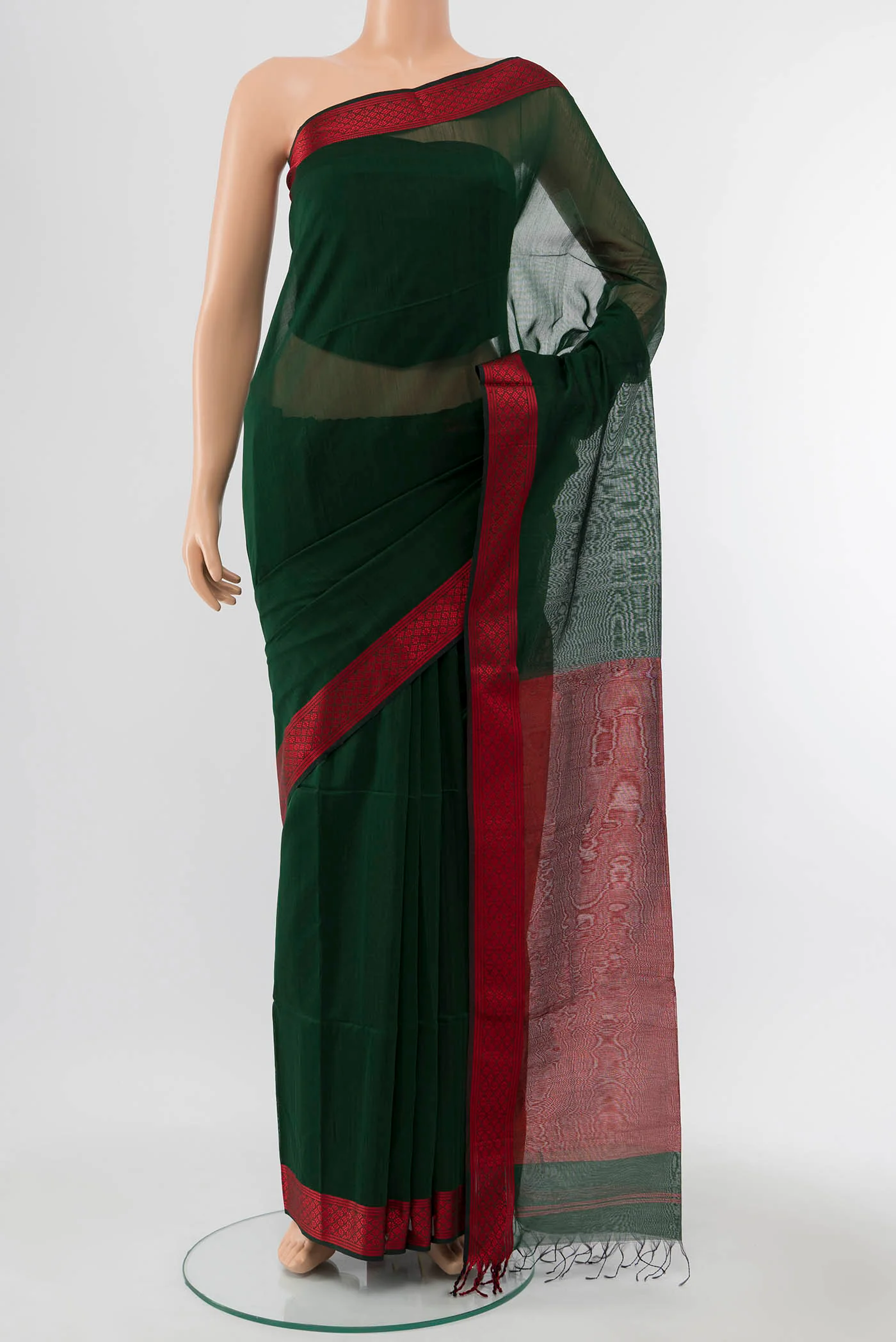 Pure Silk Pure Zari Bottle Green Maheshwari Cotton Saree