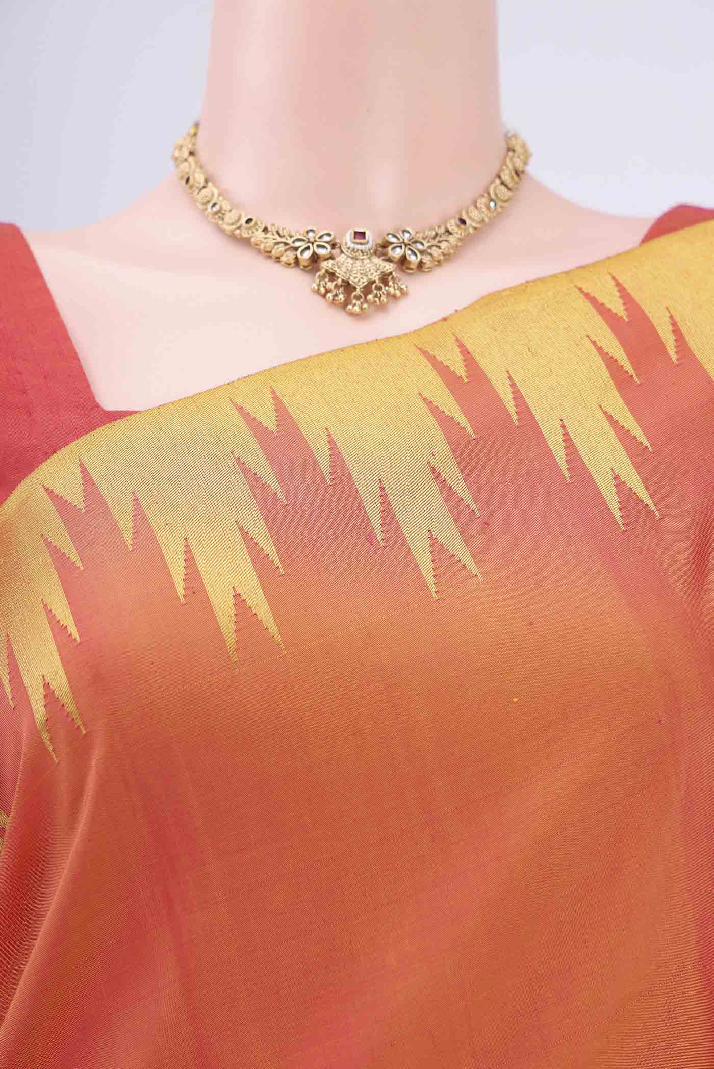 Pure Silk Pure Zari Brick Orange Kanchipuram Saree - Image 2
