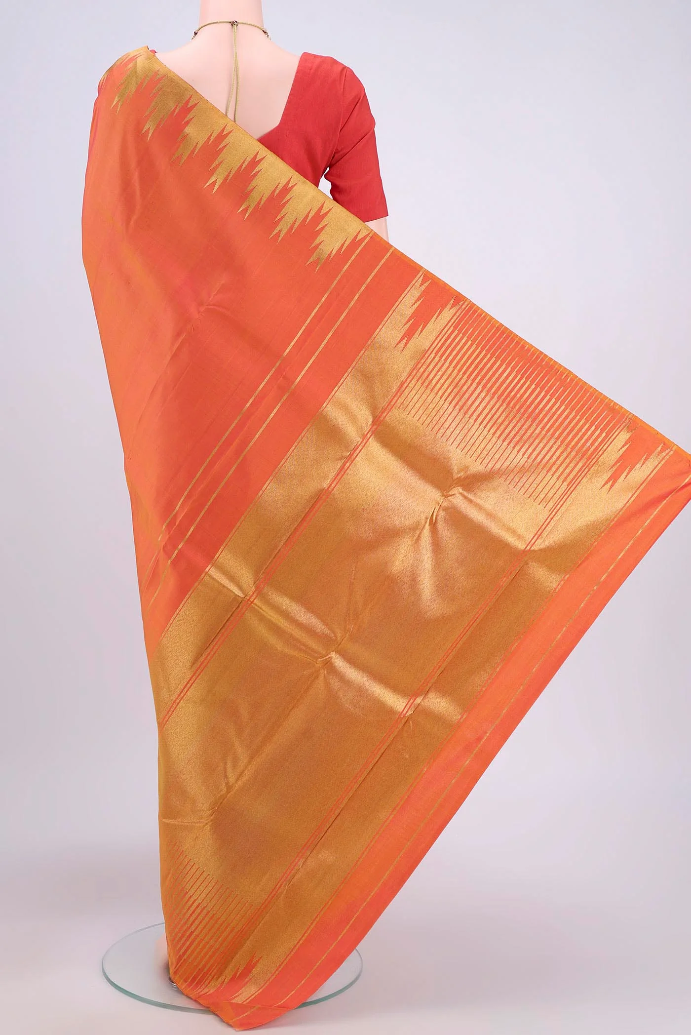 Pure Silk Pure Zari Brick Orange Kanchipuram Saree - Image 3