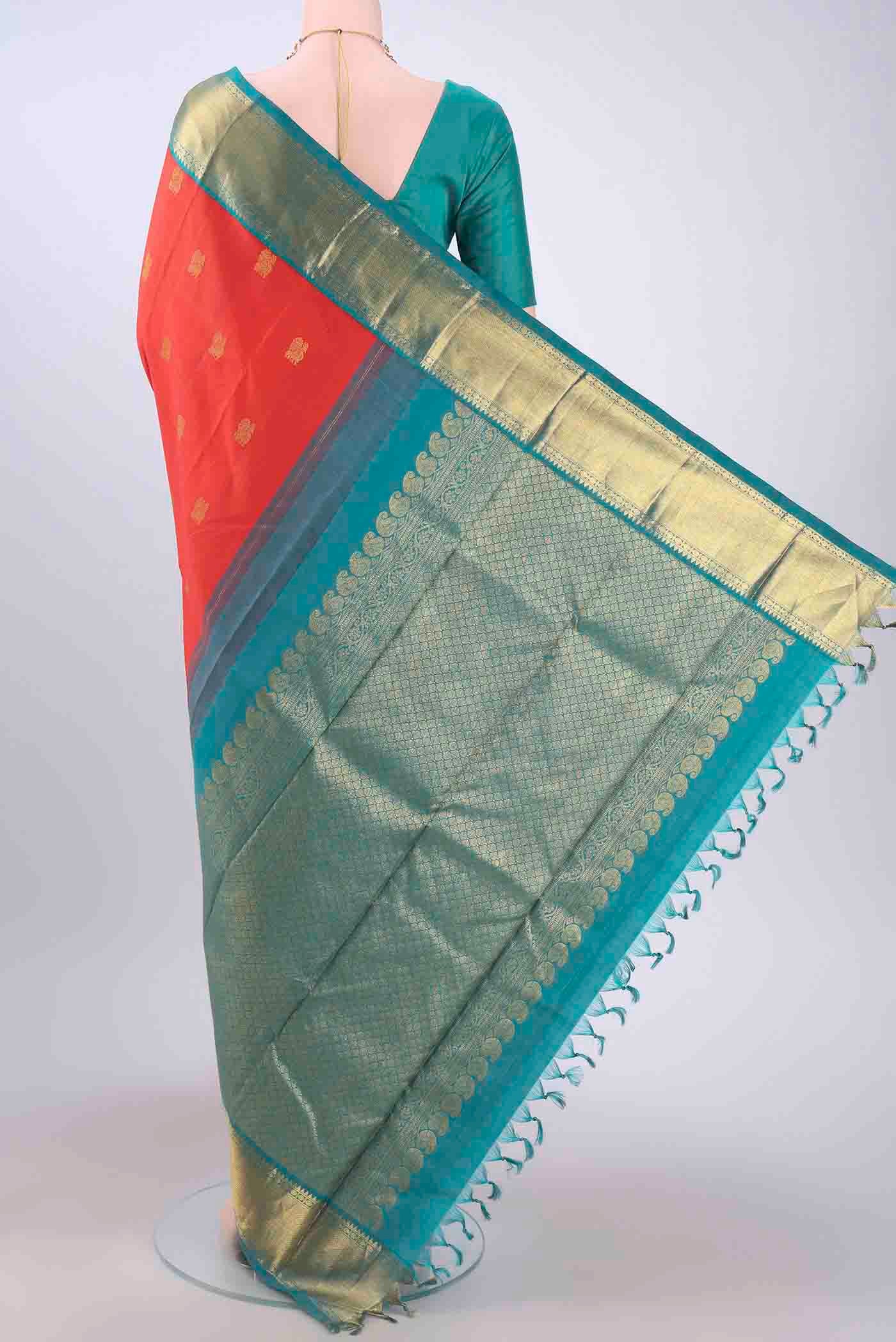 Pure Silk Pure Zari Brick Orange Kanjivaram Saree - Image 3
