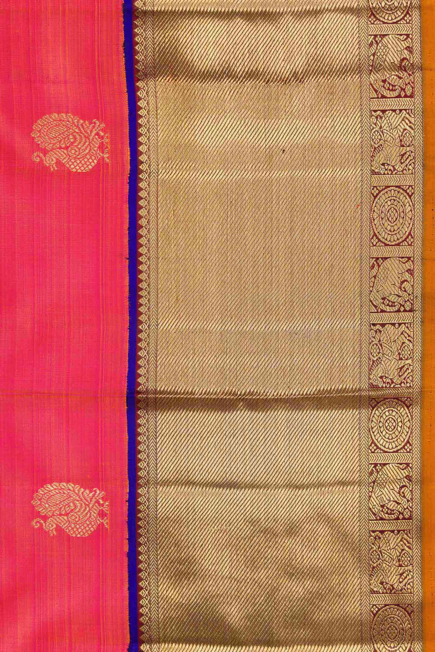 Pure Silk Pure Zari Coral Dual Tone Kanjivaram Saree - Image 3