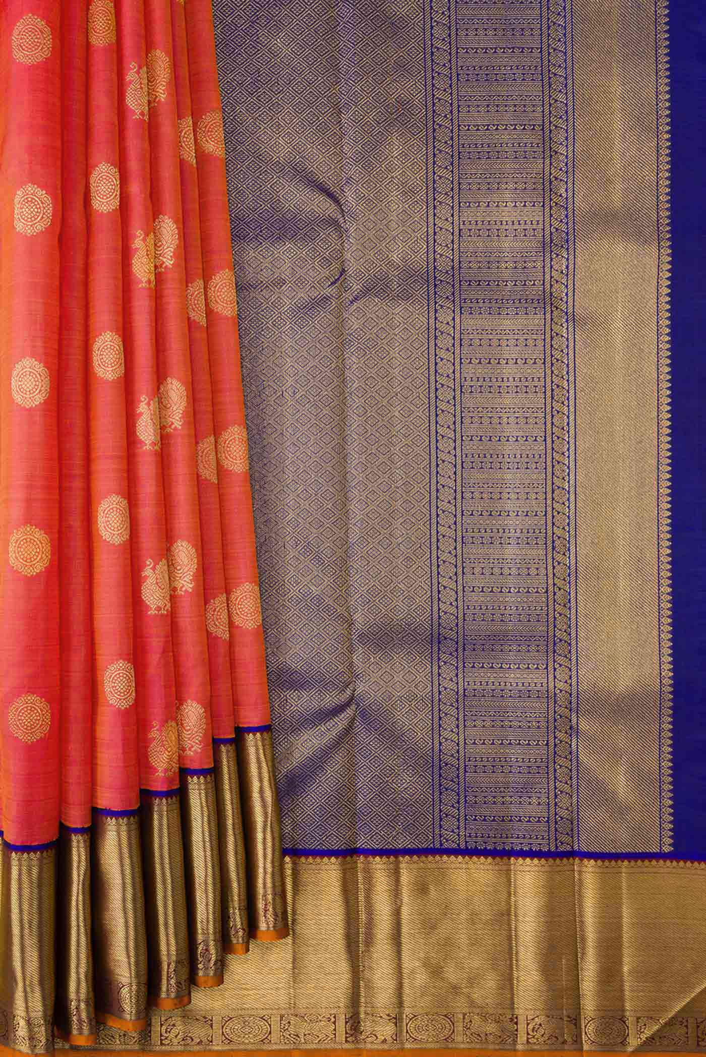 Pure Silk Pure Zari Coral Dual Tone Kanjivaram Saree - Image 4