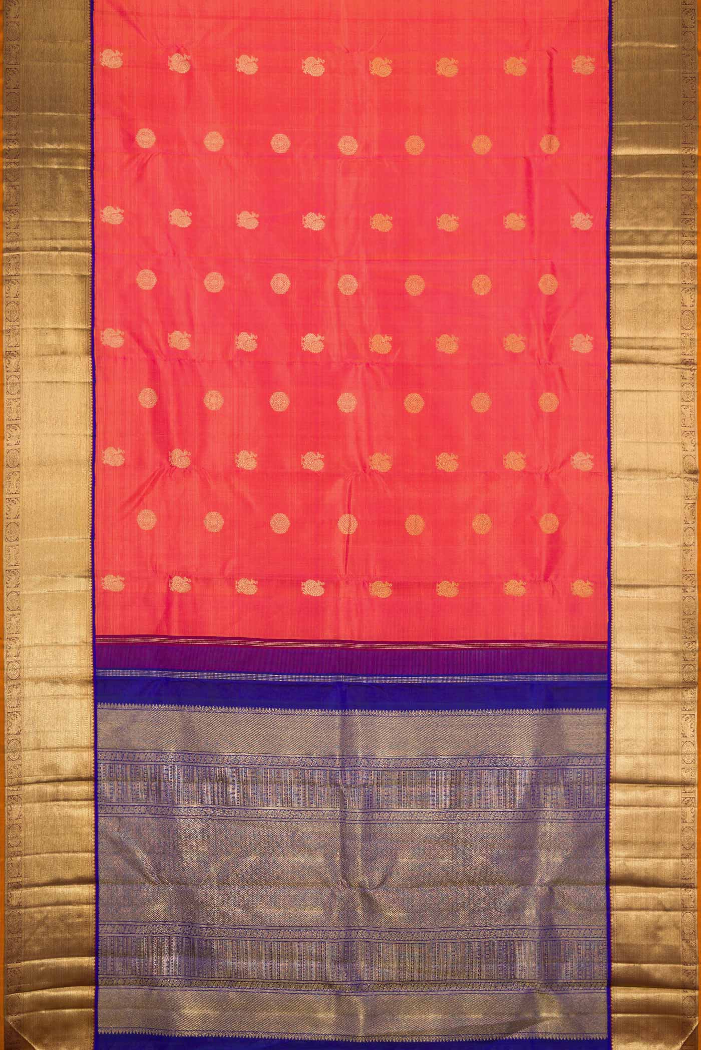 Pure Silk Pure Zari Coral Dual Tone Kanjivaram Saree - Image 6