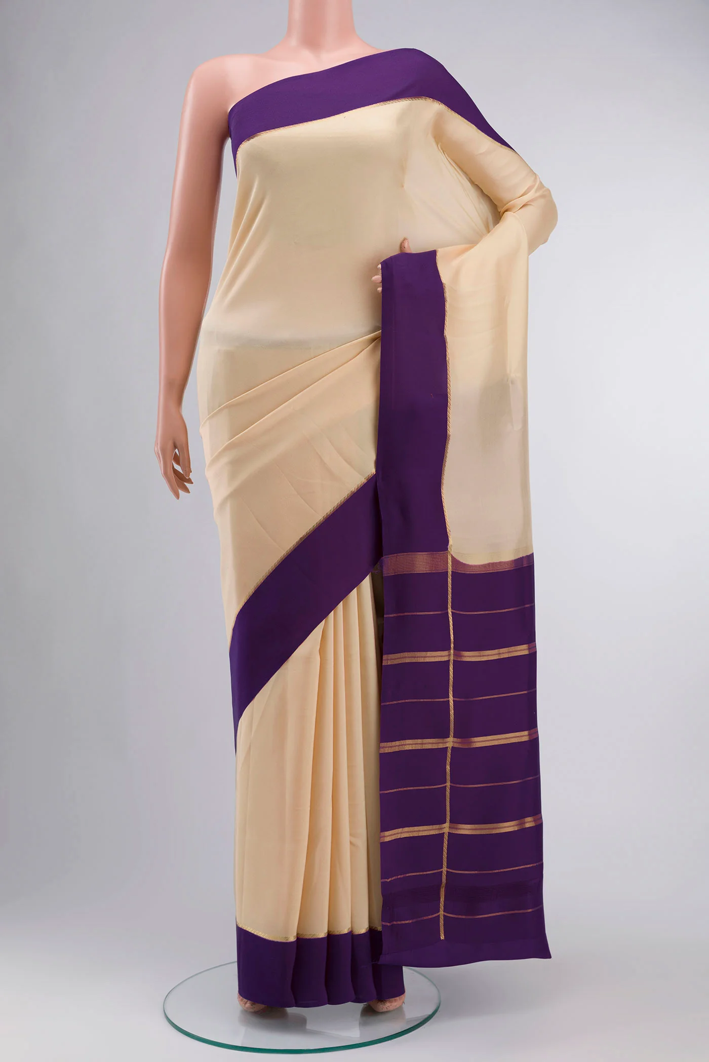 Pure Silk Pure Zari Cream Mysore Crepe Saree