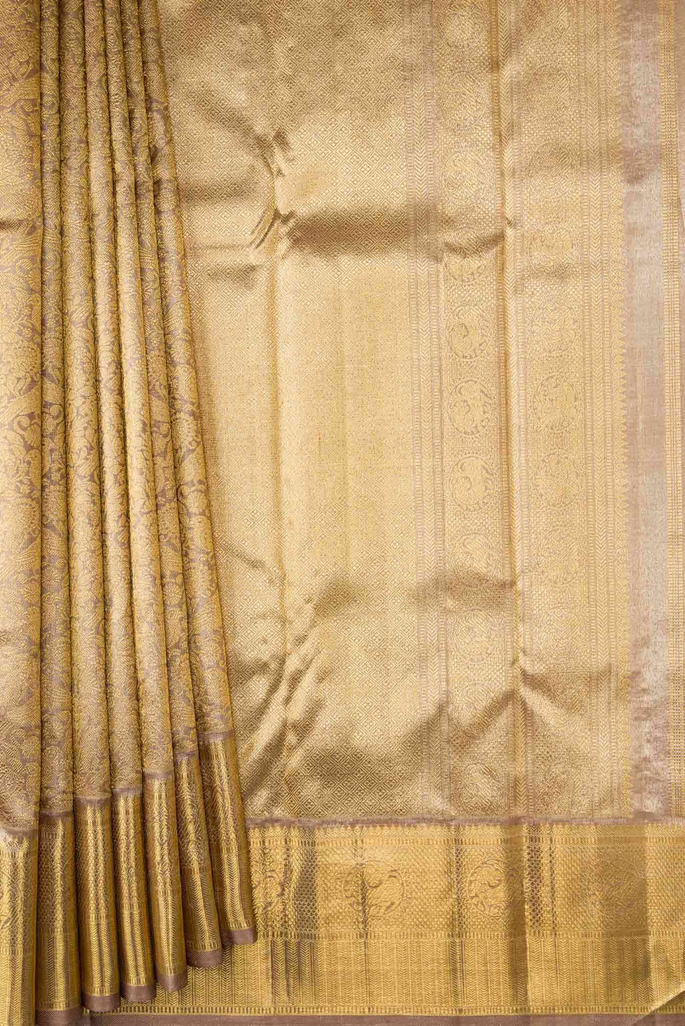 Pure Silk Pure Zari Dark Beige Dual Tone Kanjivaram Saree - Image 4