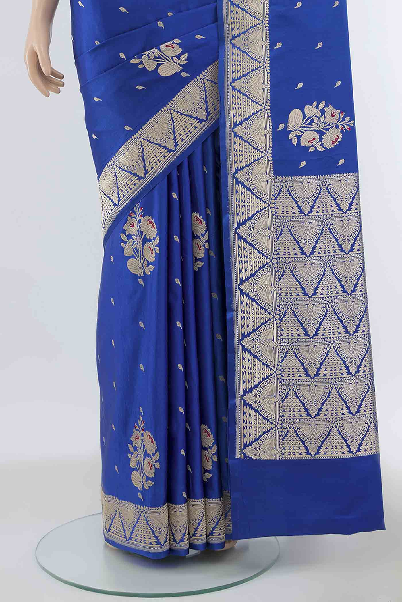 Pure Silk Pure Zari Dark Blue Banarasi Saree - Image 3