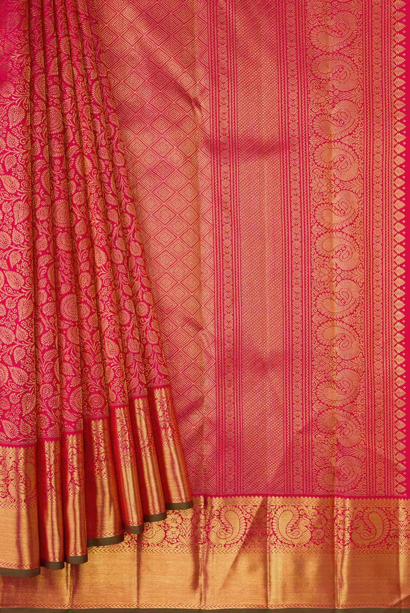 Pure Silk Pure Zari Dark Pink Dual Tone Kanjivaram Saree - Image 4
