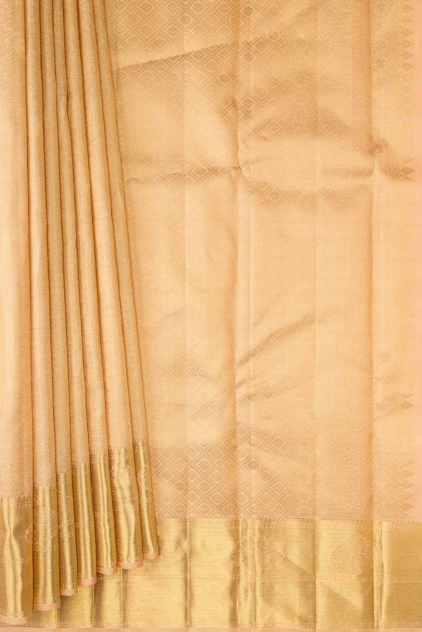 Pure Silk Pure Zari Golden Peach Dual Tone Kanjivaram Saree - Image 4