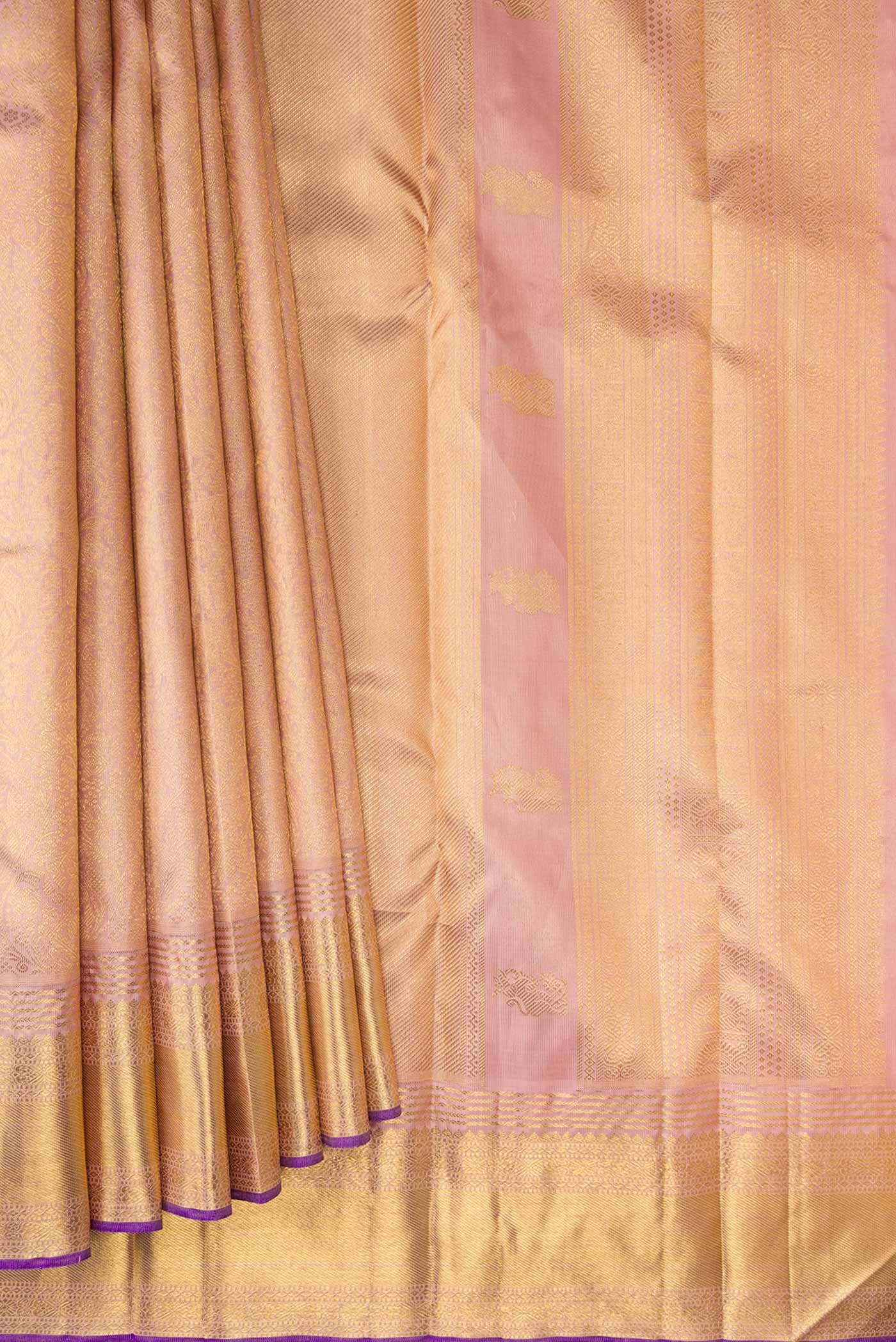 Pure Silk Pure Zari Rose Gold Kanjivaram Saree - Image 4