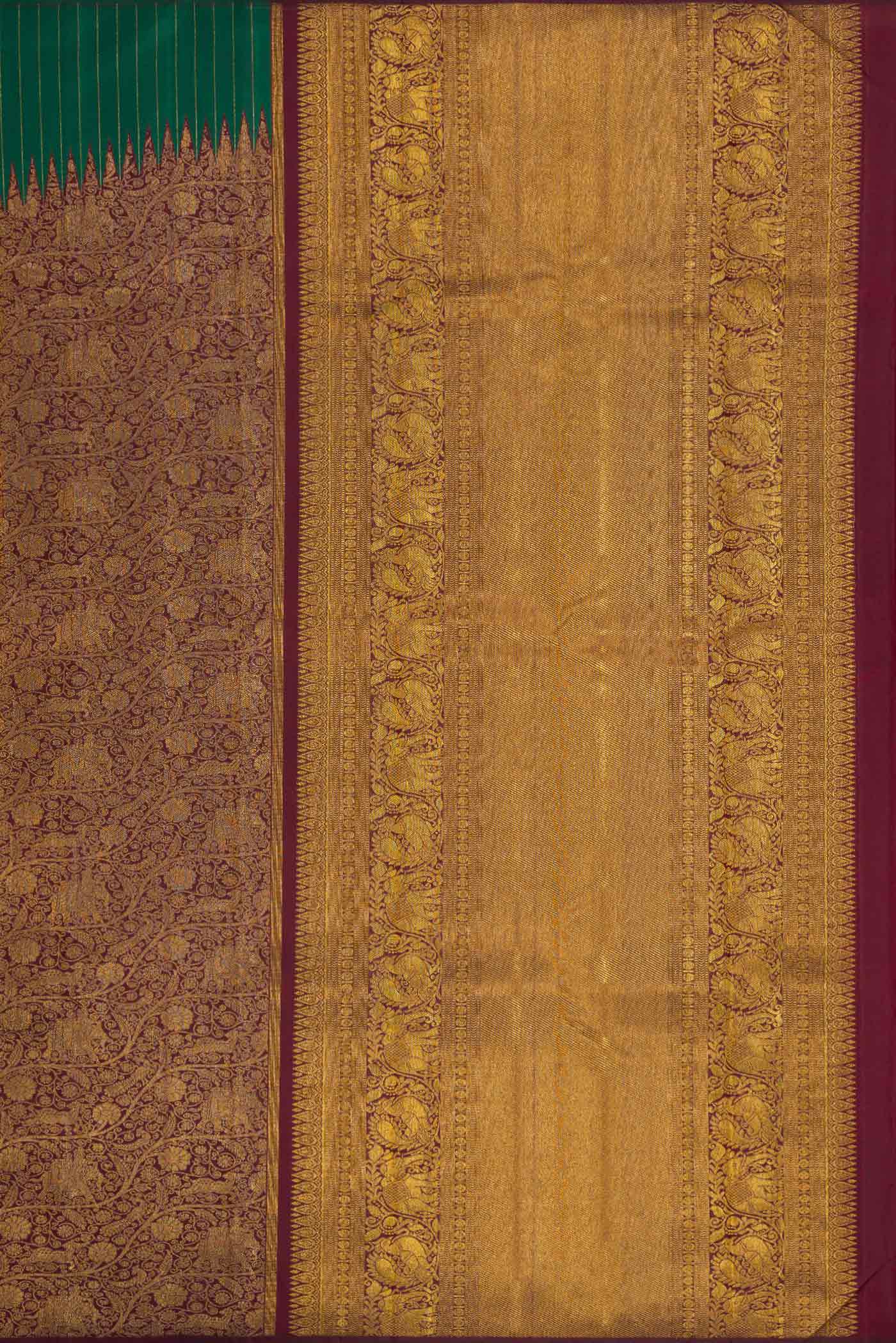 Pure Silk Pure Zari Green Dual Tone Kanchipuram Saree - Image 7
