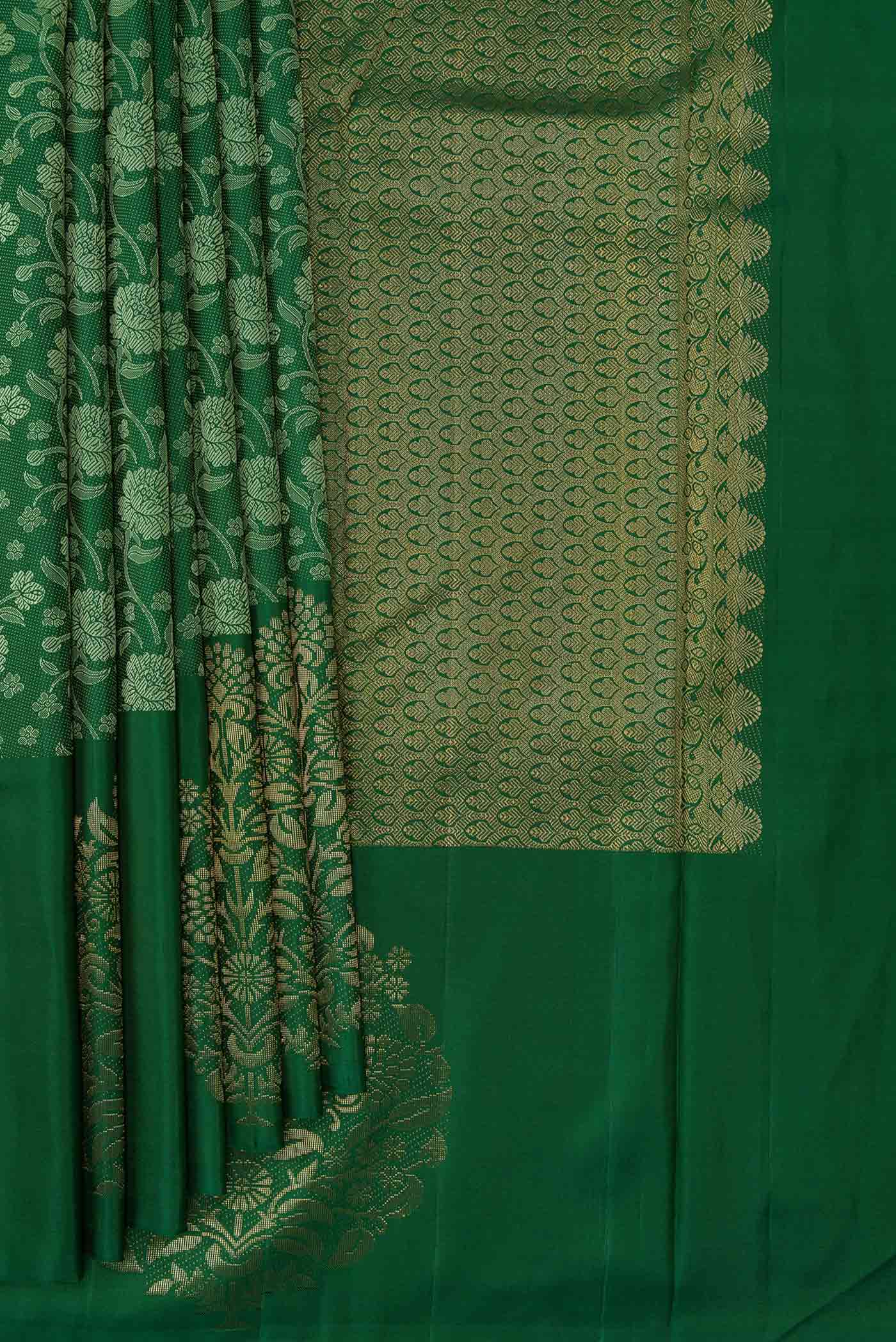 Pure Silk Pure Zari Green Dual Tone Kanjivaram Saree - Image 4