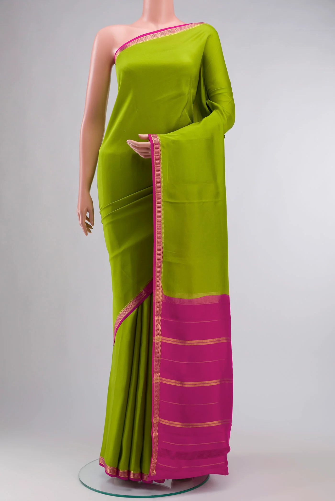 Pure Silk Pure Zari Green Mysore Crepe Saree