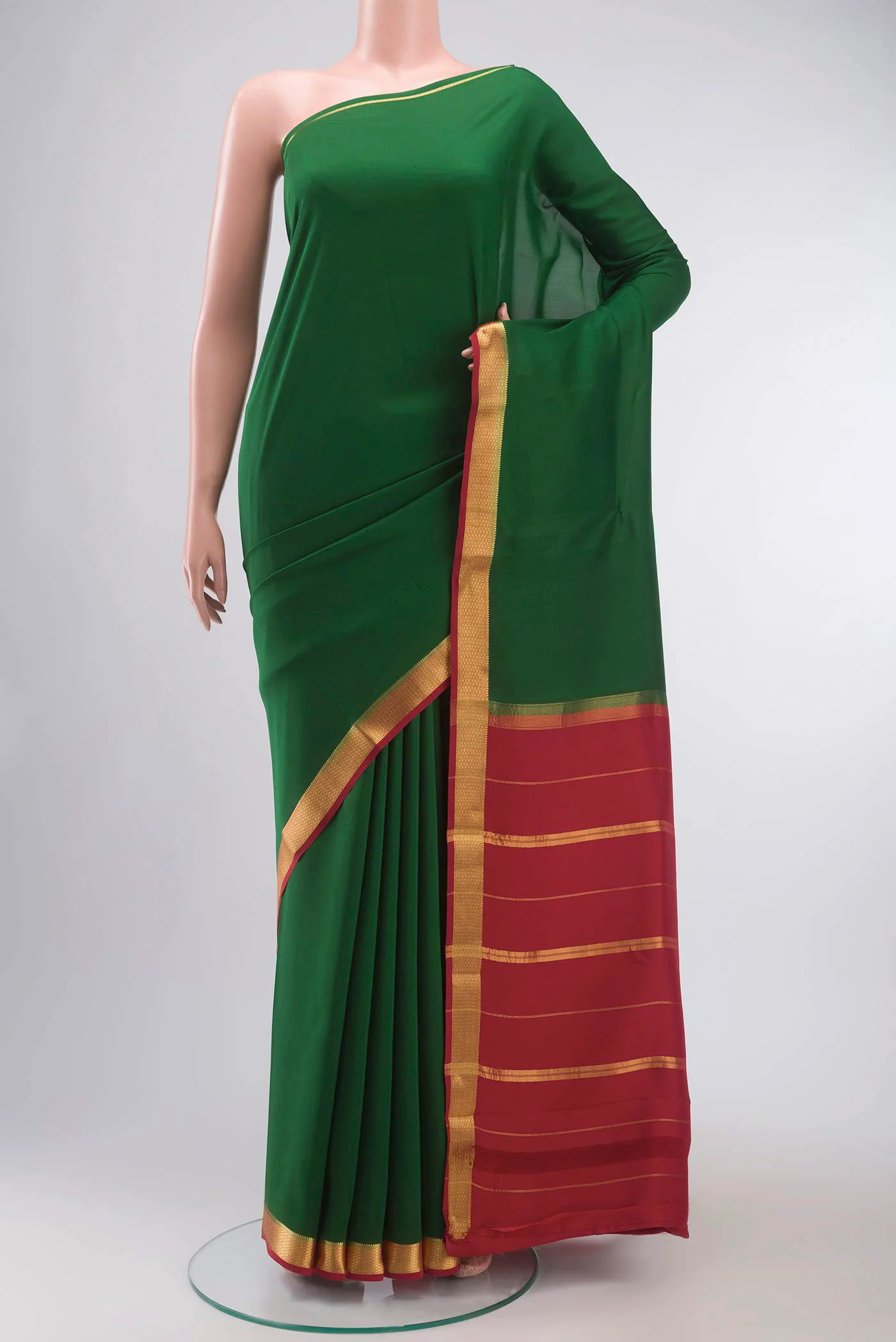 Pure Silk Pure Zari Green Mysore Crepe Saree