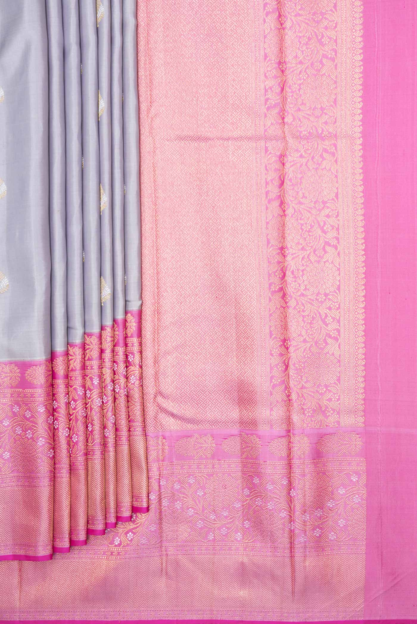 Pure Silk Pure Zari Grey Dual Tone Kanjivaram Saree - Image 4