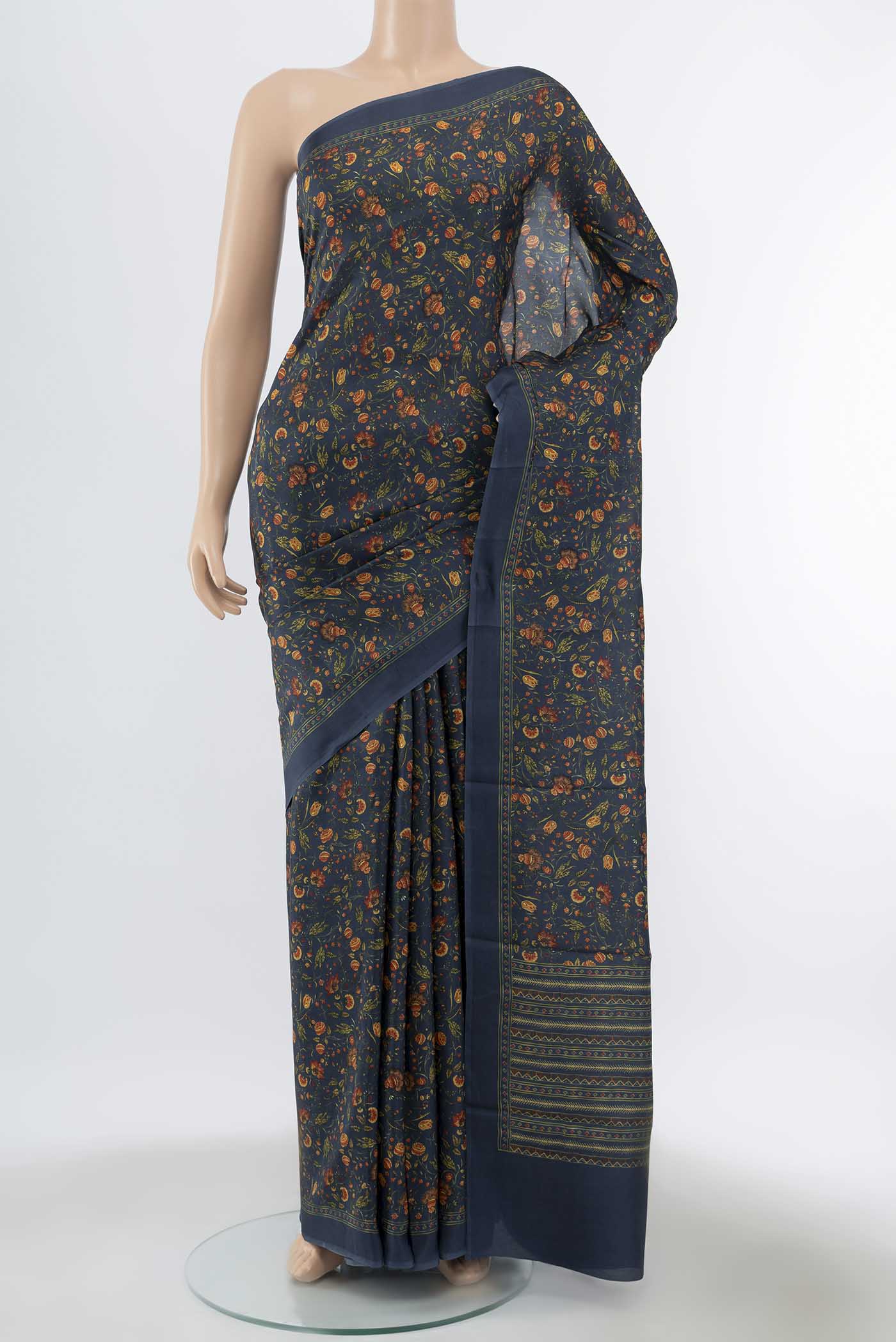 Pure Silk Pure Zari Indigo Printed Saree
