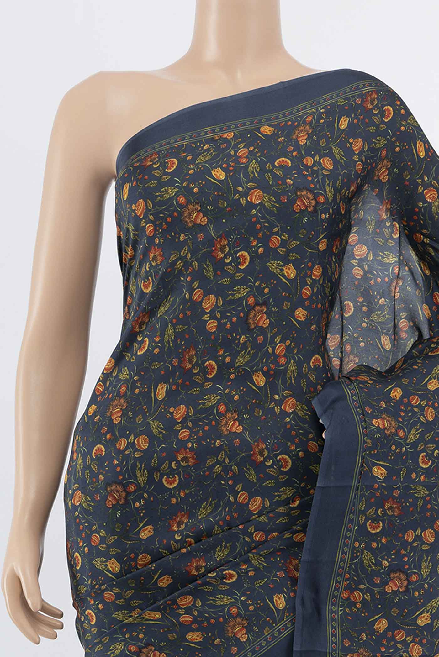 Pure Silk Pure Zari Indigo Printed Saree - Image 2