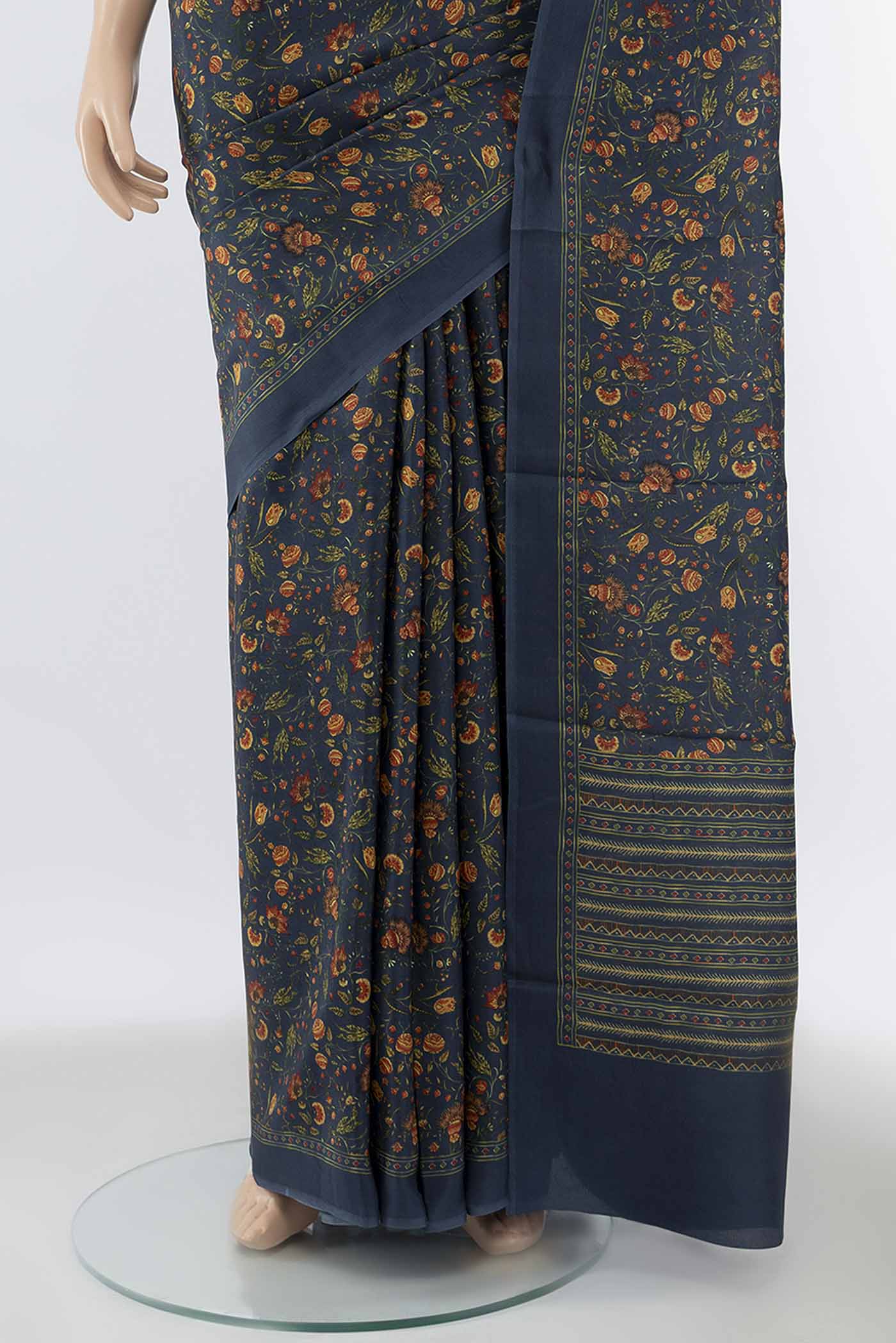 Pure Silk Pure Zari Indigo Printed Saree - Image 3