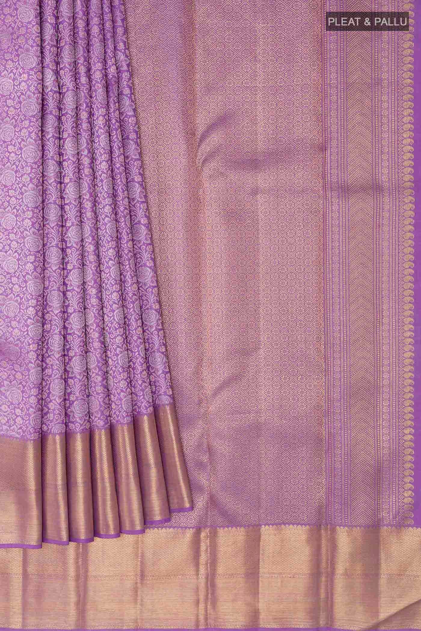 Pure Silk Pure Zari Lavender Kanjivaram Saree - Image 4