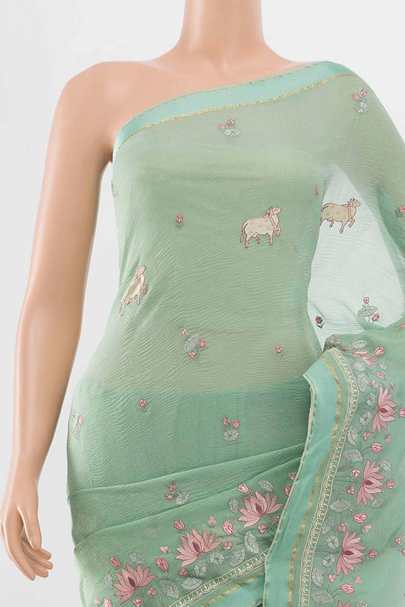 Mint Green Mysore Chiffon Saree - Image 2