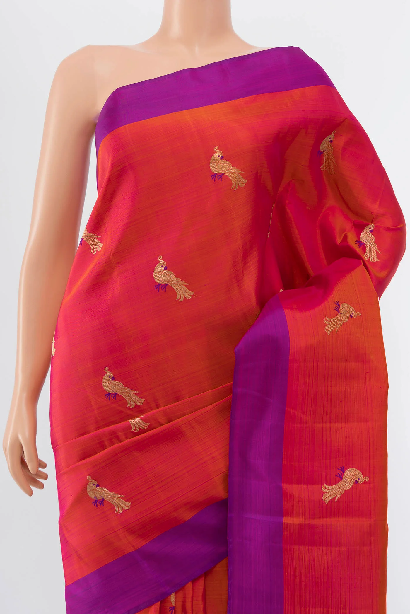 Pure Silk Pure Zari Pink with Orange Color Kanjivaram Saree - Image 2