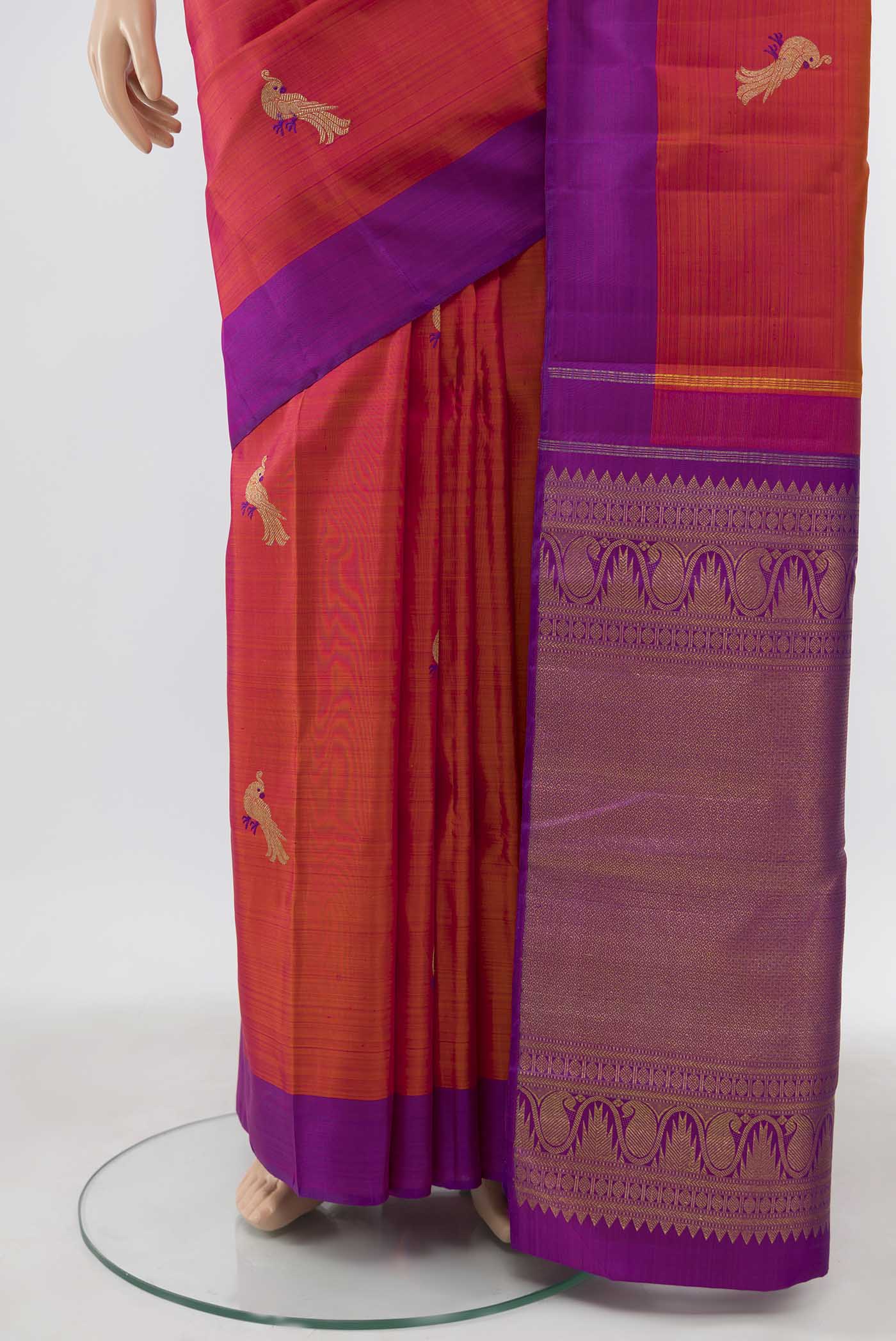 Pure Silk Pure Zari Pink with Orange Color Kanjivaram Saree - Image 3