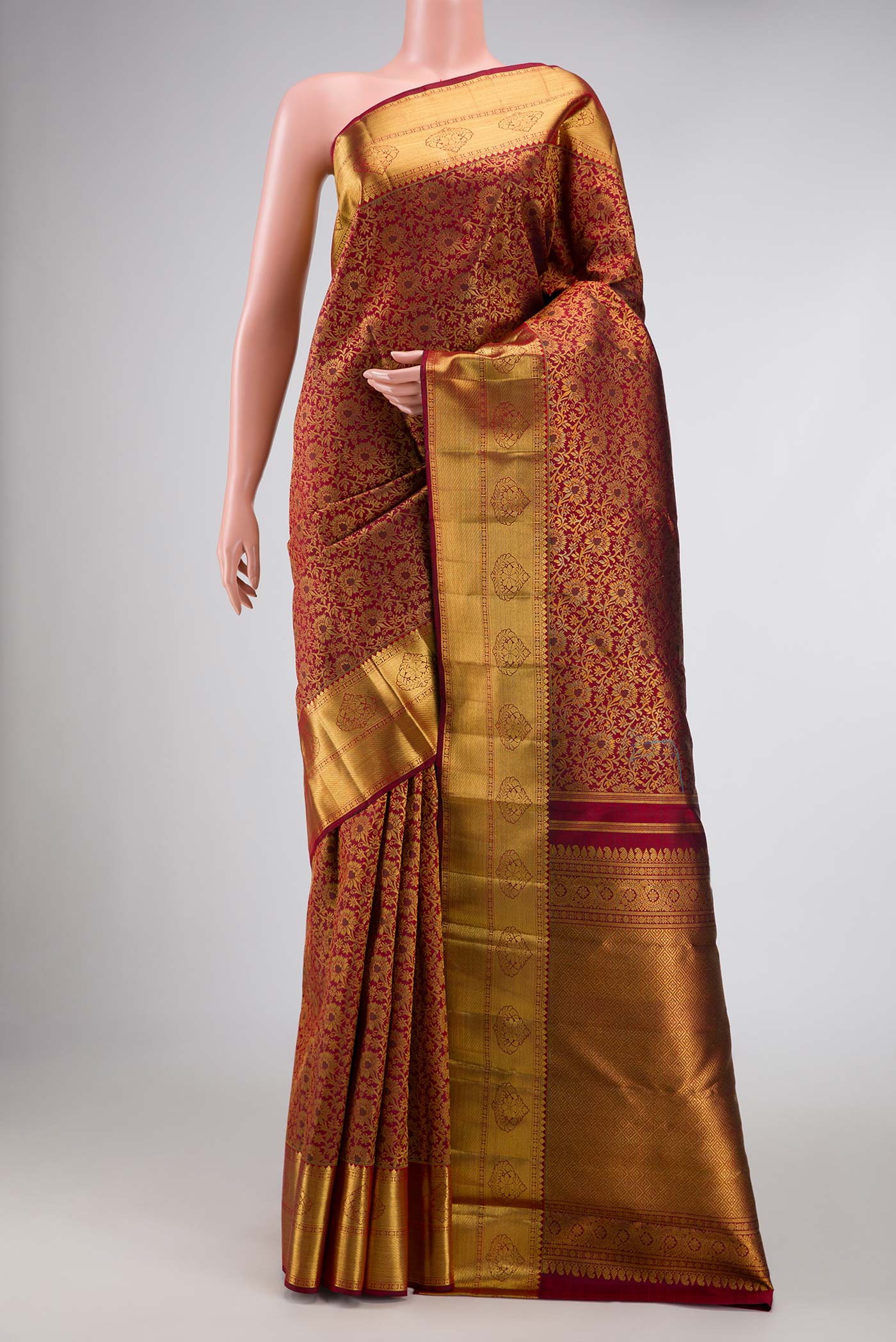Pure Silk Pure Zari Maroon Dual Tone Kanjivaram Saree
