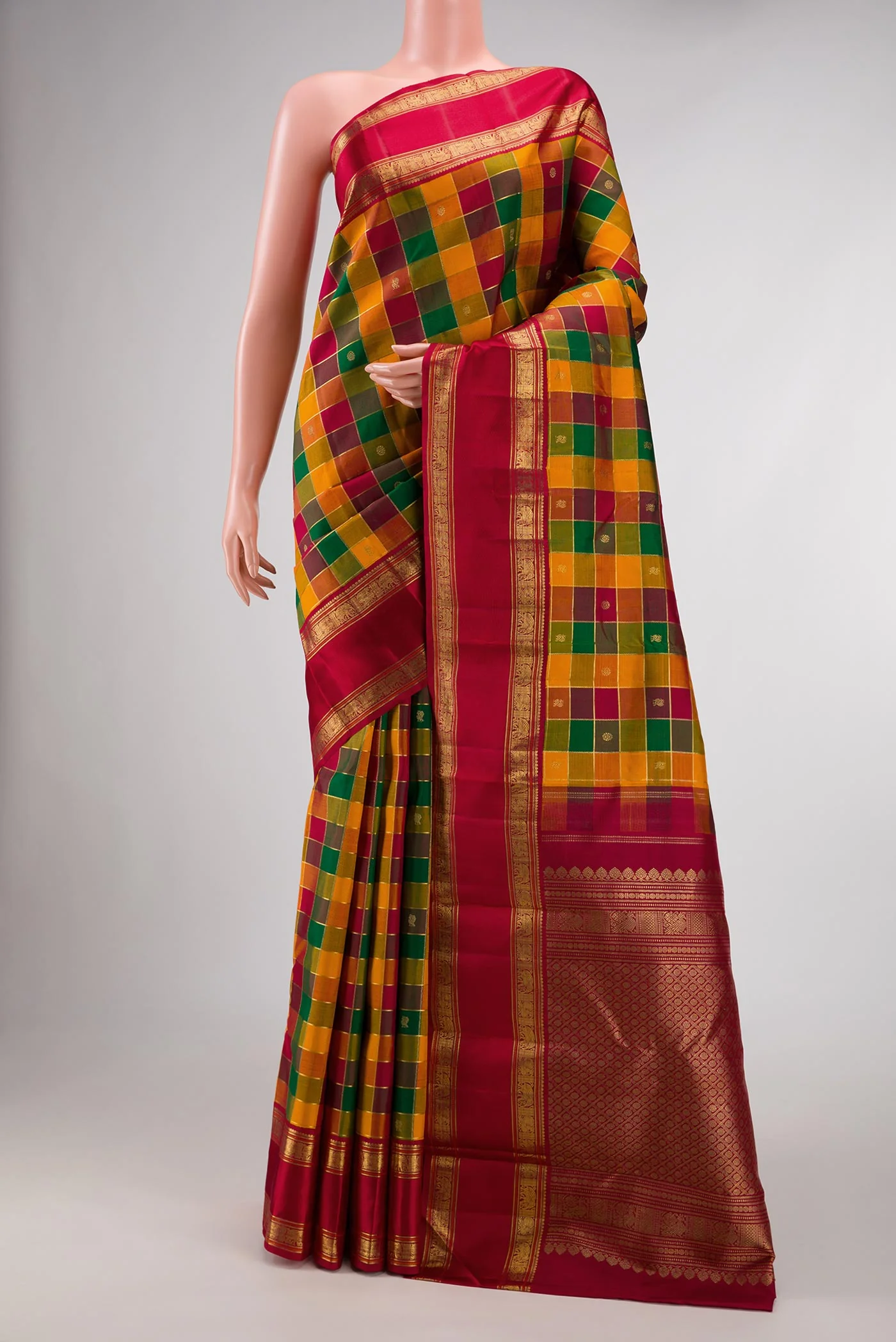 Pure Silk Pure Zari Maroon, Green and Orange Color Kanjivaram Saree
