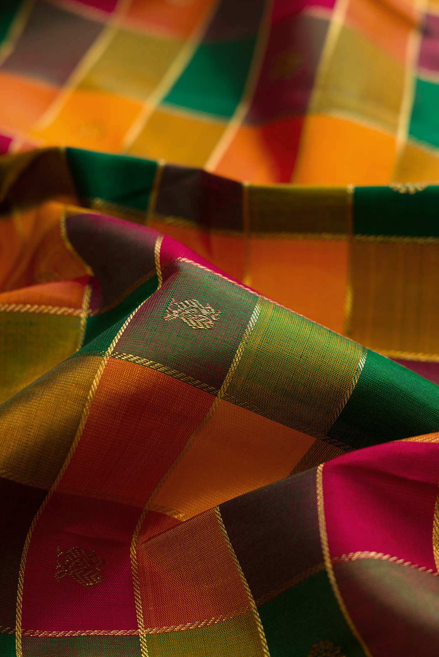 Pure Silk Pure Zari Maroon, Green and Orange Color Kanjivaram Saree - Image 2