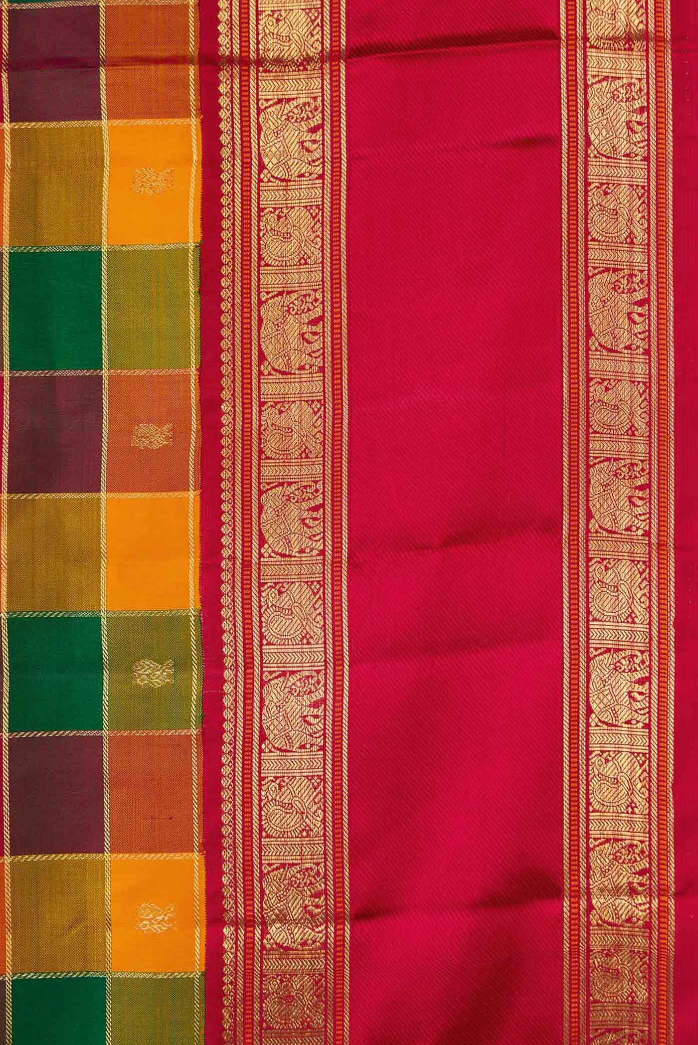 Pure Silk Pure Zari Maroon, Green and Orange Color Kanjivaram Saree - Image 3