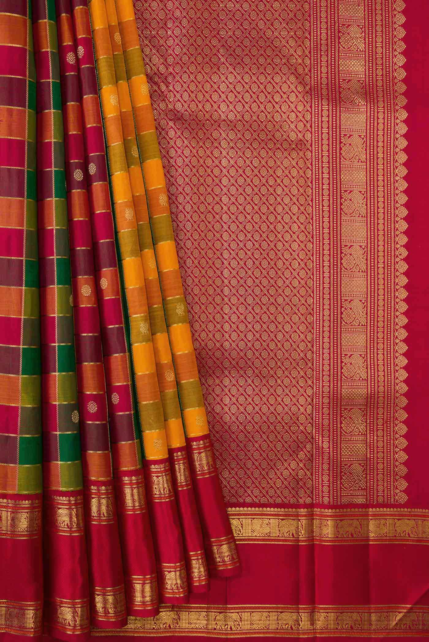 Pure Silk Pure Zari Maroon, Green and Orange Color Kanjivaram Saree - Image 4