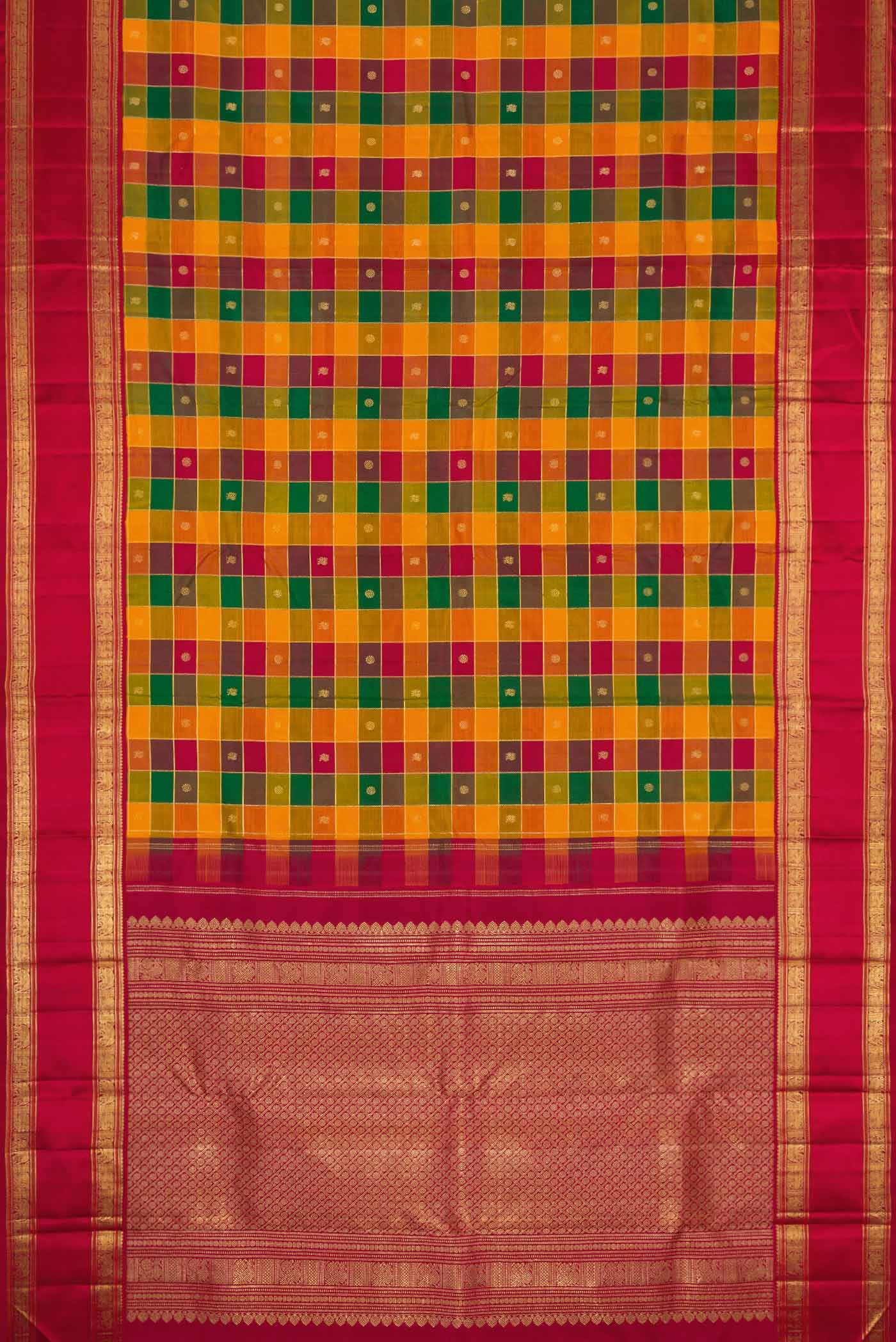 Pure Silk Pure Zari Maroon, Green and Orange Color Kanjivaram Saree - Image 6