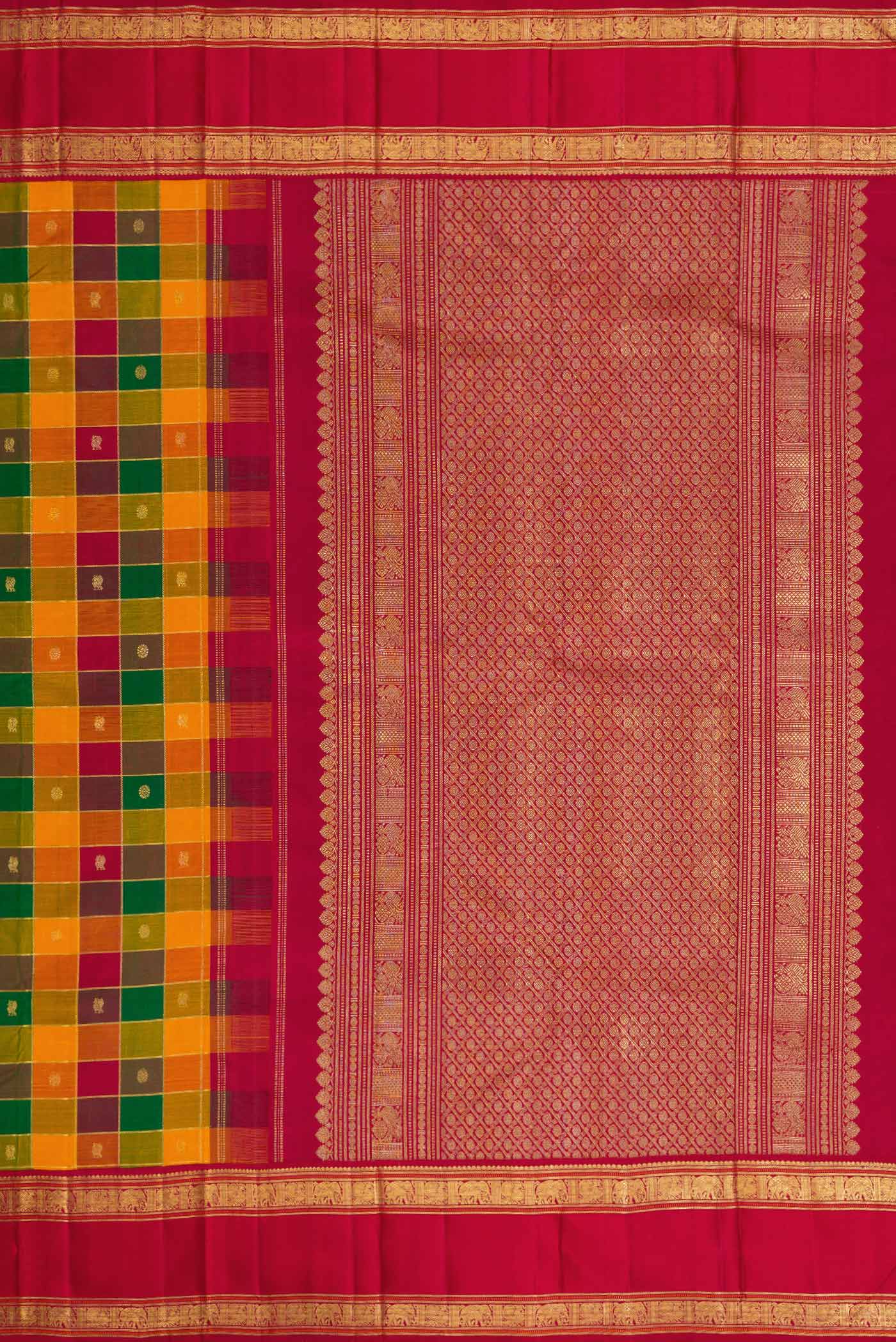 Pure Silk Pure Zari Maroon, Green and Orange Color Kanjivaram Saree - Image 7