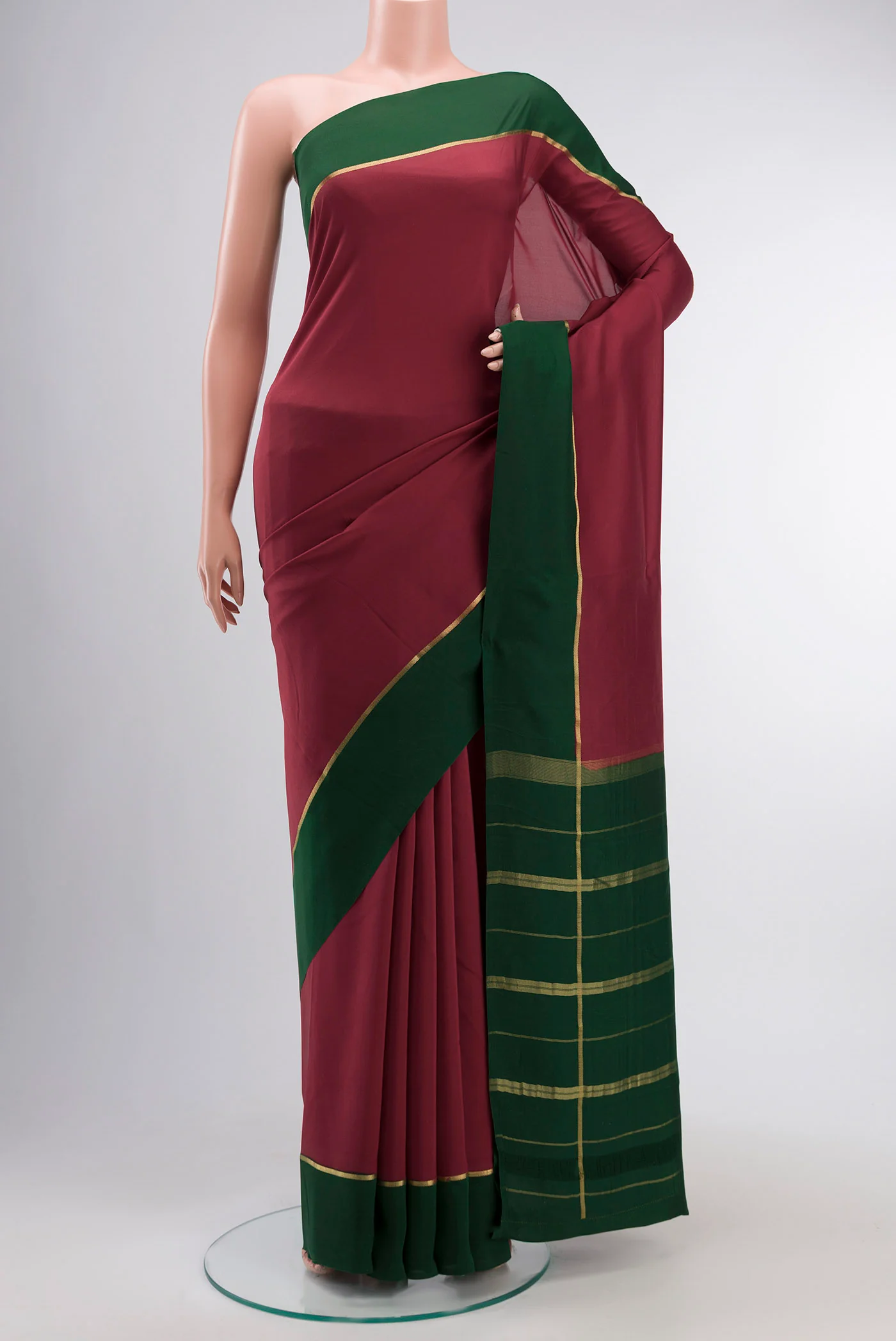 Pure Silk Pure Zari Maroon Mysore Crepe Saree