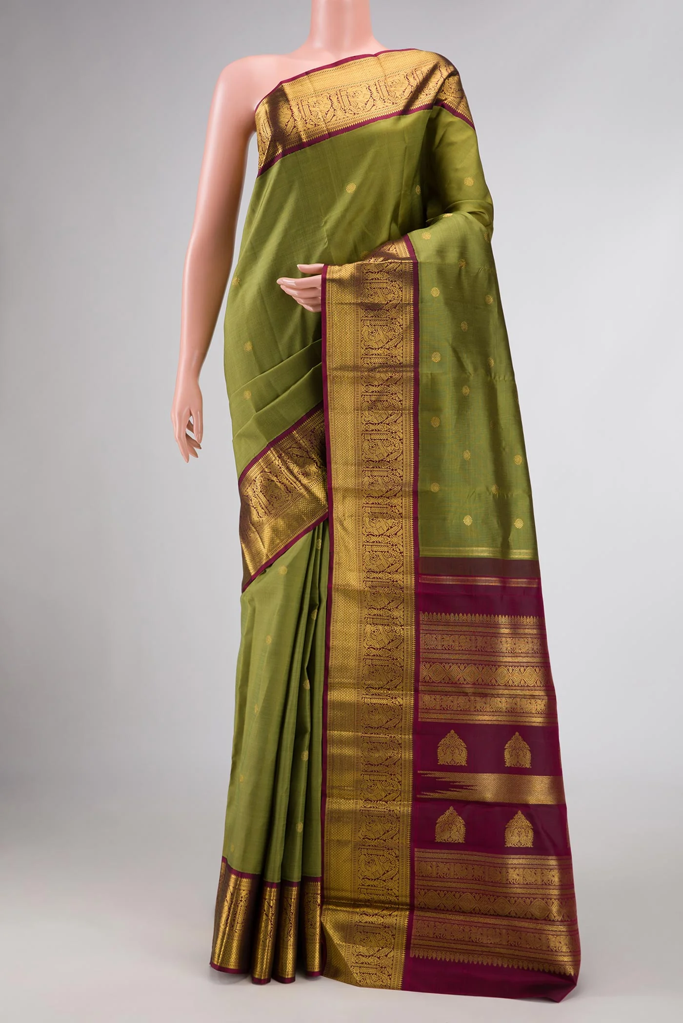 Pure Silk Pure Zari Mehandi Green Dual Tone Kanjivaram Saree