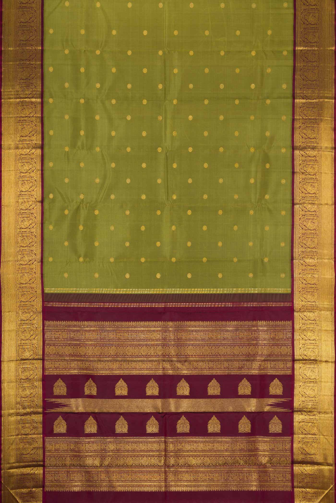 Pure Silk Pure Zari Mehandi Green Dual Tone Kanjivaram Saree - Image 6