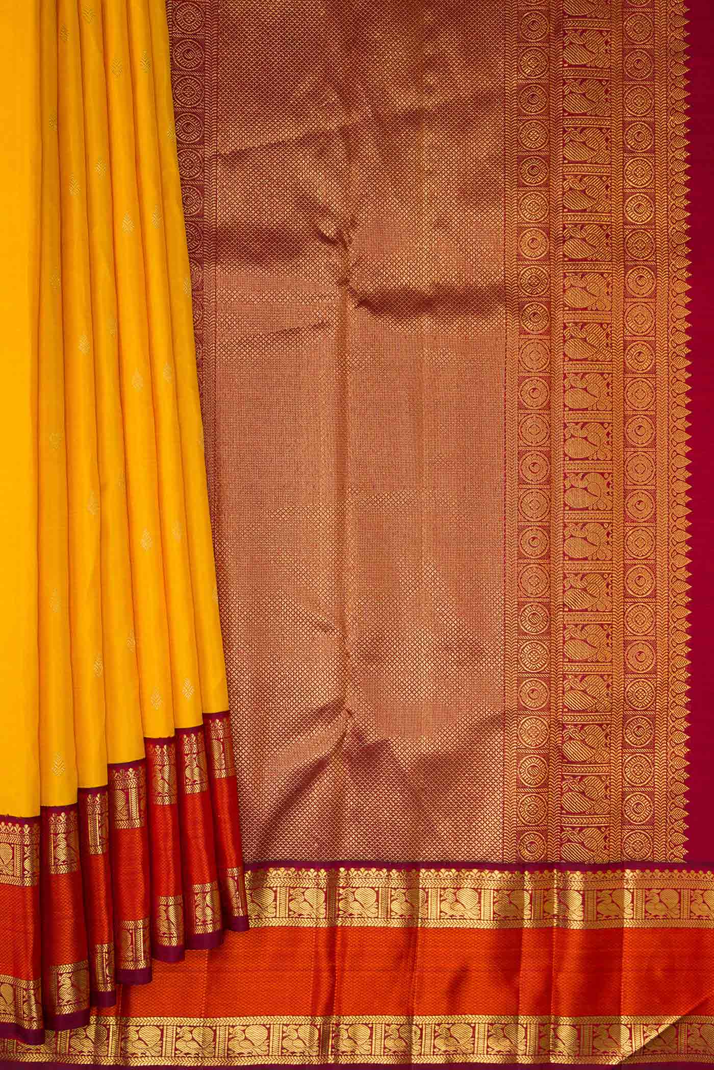 Pure Silk Pure Zari Mustard Dual Tone Kanjivaram Saree - Image 4
