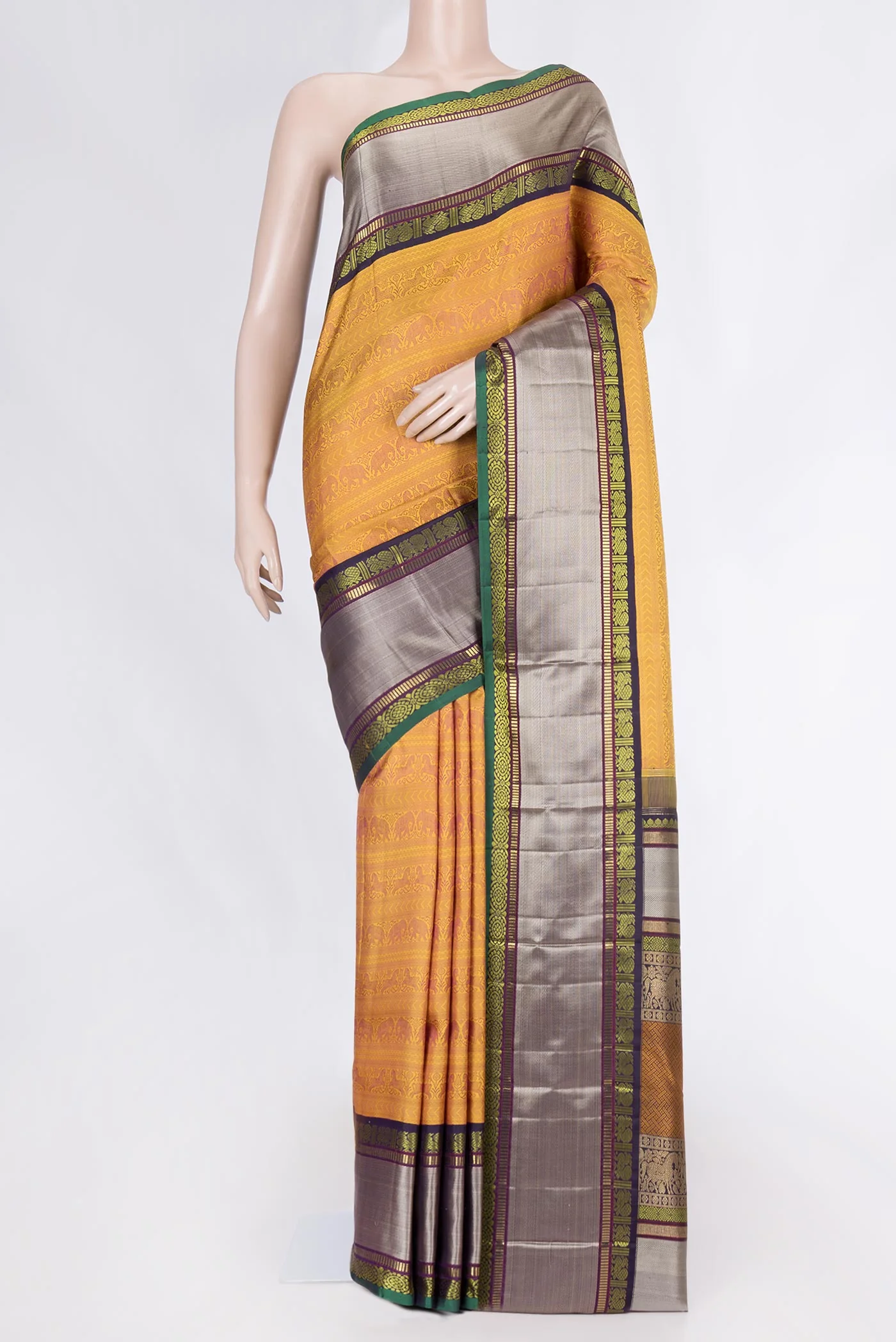 Pure Silk Pure Zari Mustard Dual Tone Kanjivaram Saree