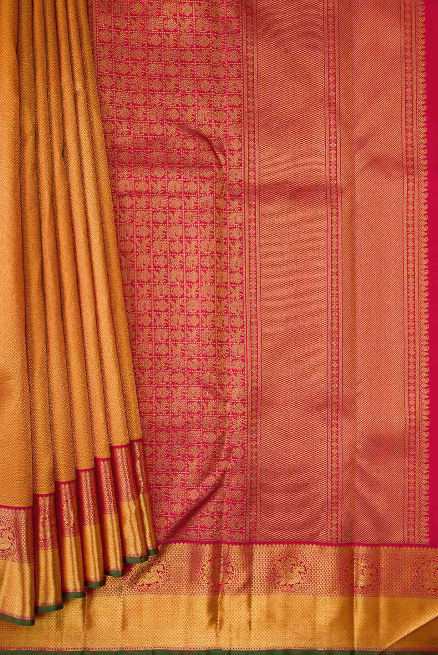Pure Silk Pure Zari Mustard Dual Tone Kanjivaram Saree - Image 4