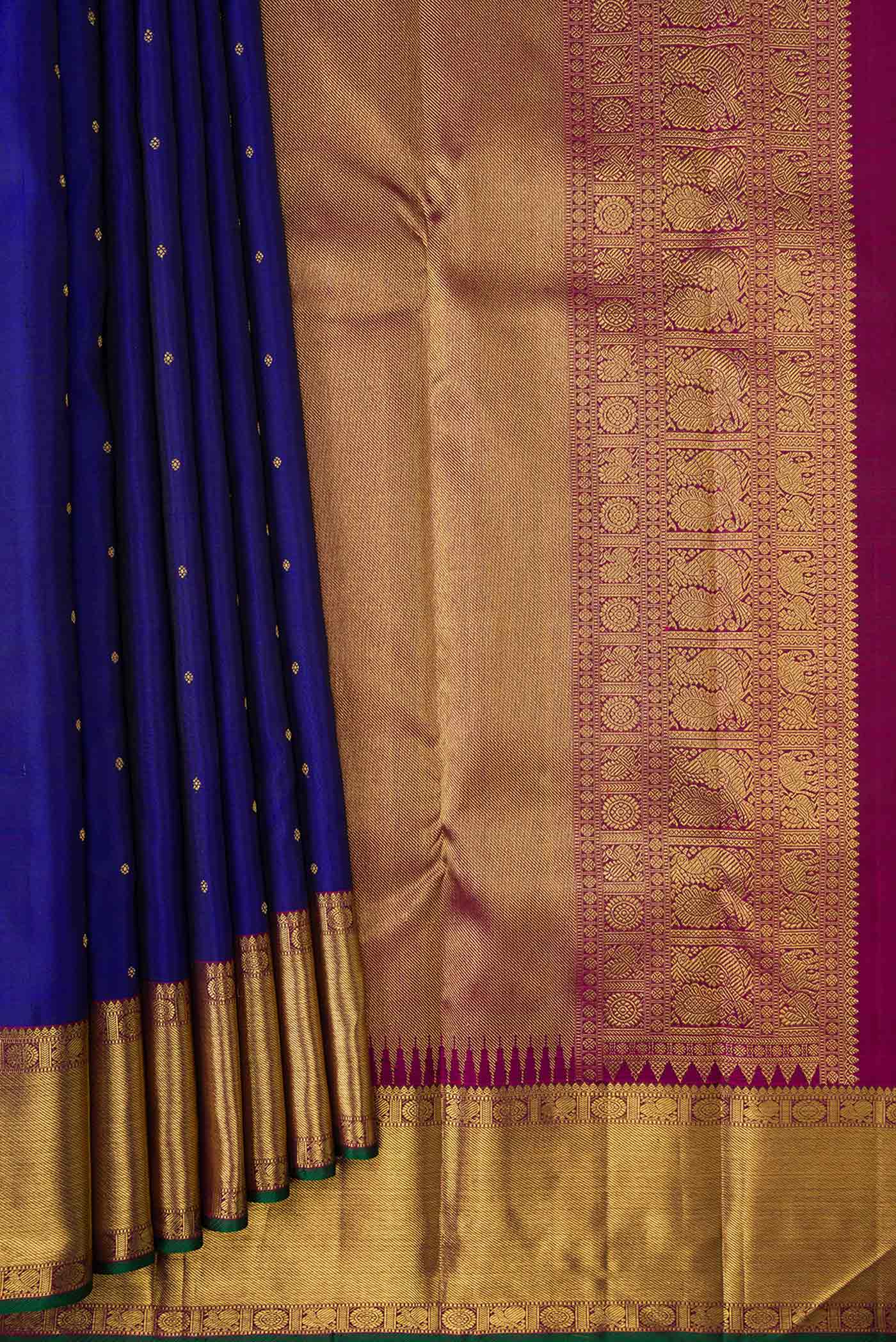 Pure Silk Pure Zari Navy Blue Dual Tone Kanjivaram Saree - Image 4