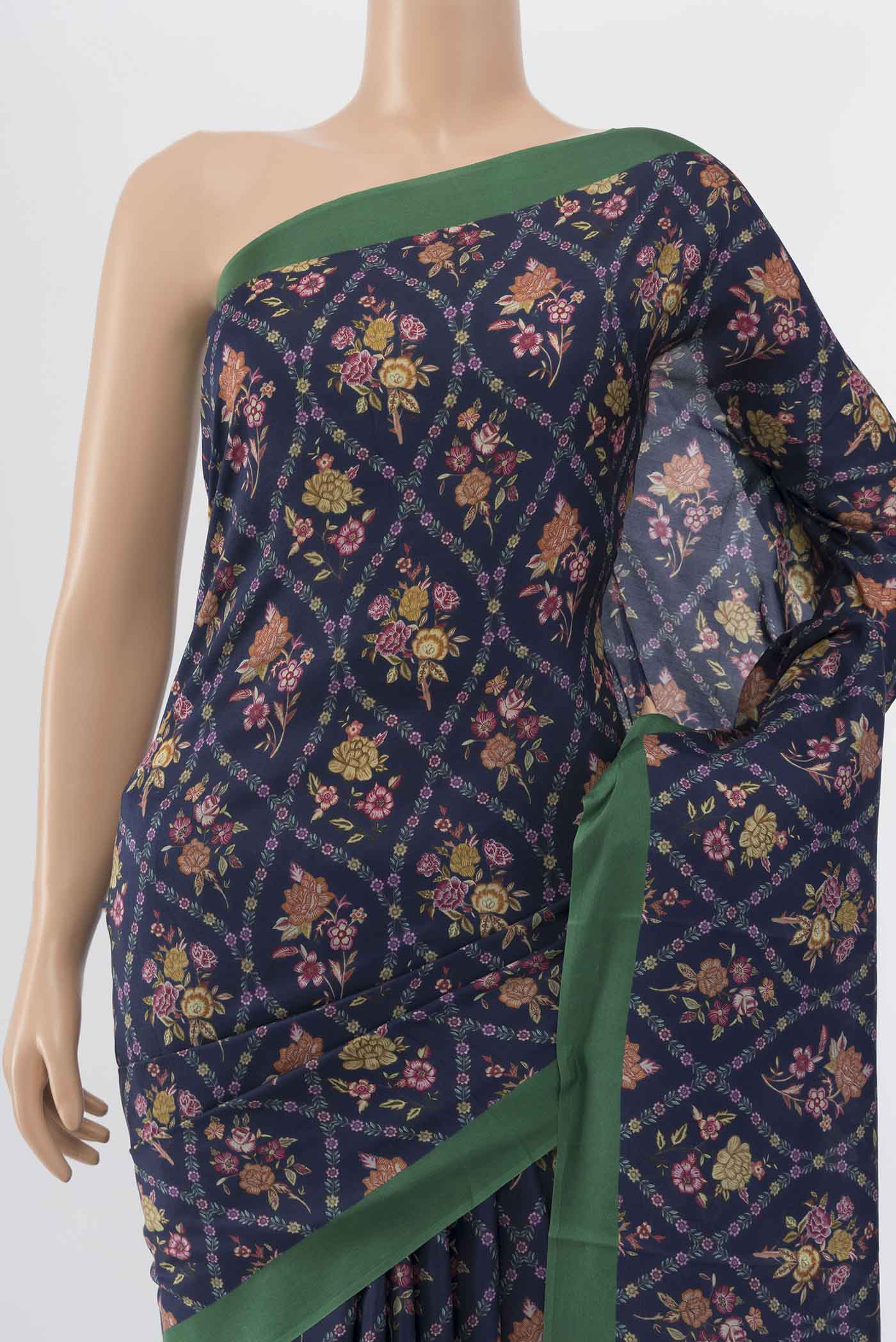 Navy Blue Printed Silk Saree - Image 2